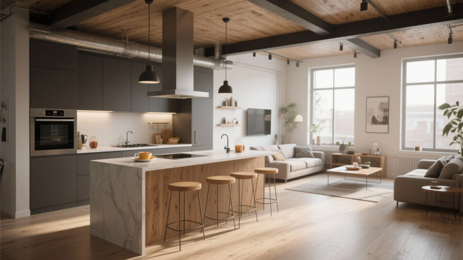 Modern open kitchen with grey cabinets marble island wooden stools and a cozy living room