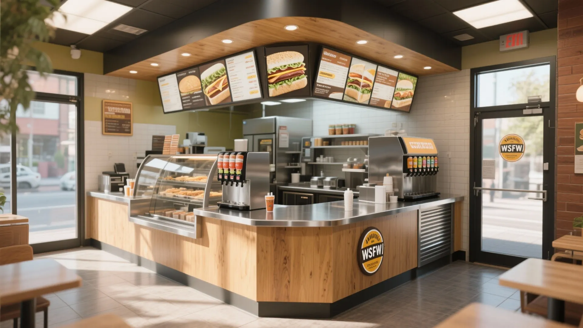 Modern fast food restaurant interior featuring wooden L-shaped service counter with soda machines and boards