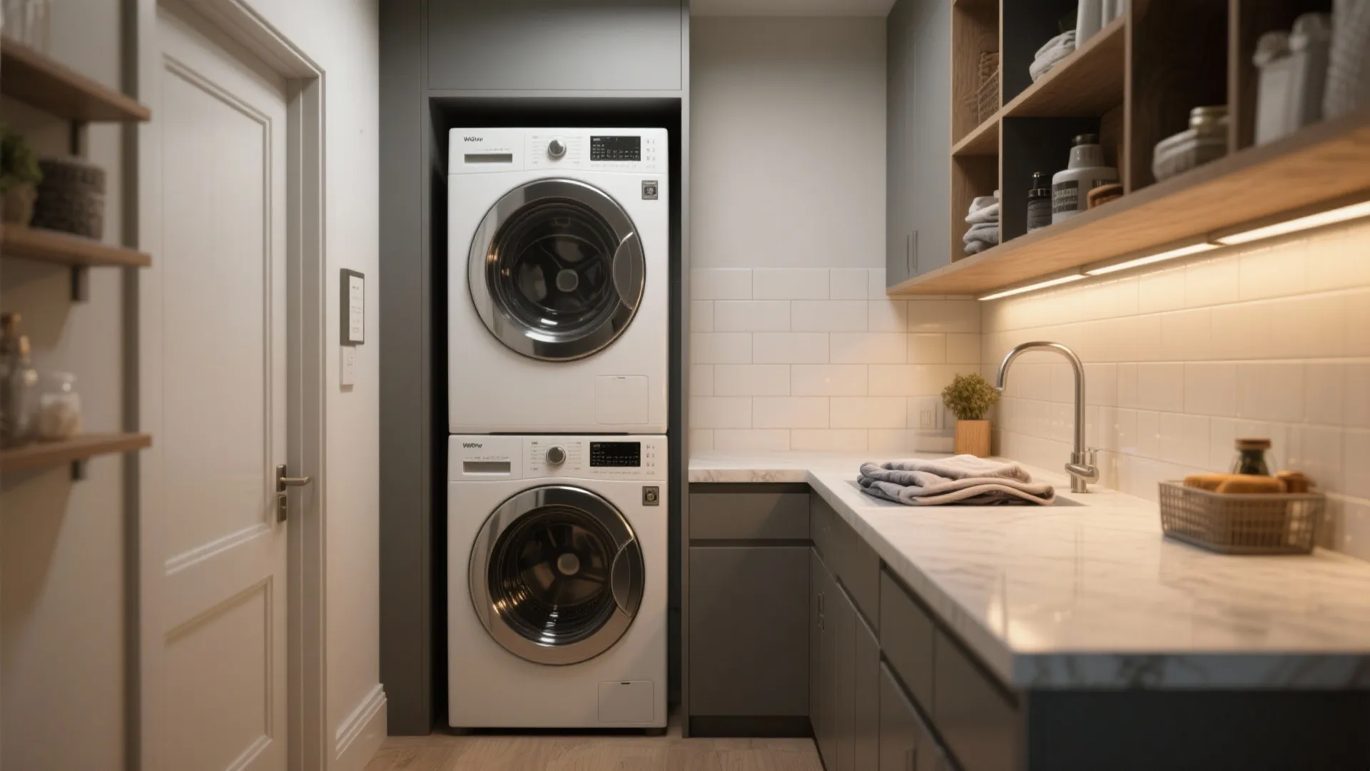 Modern laundry room with stacked washer dryer grey cabinets marble countertop sink and wall shelving