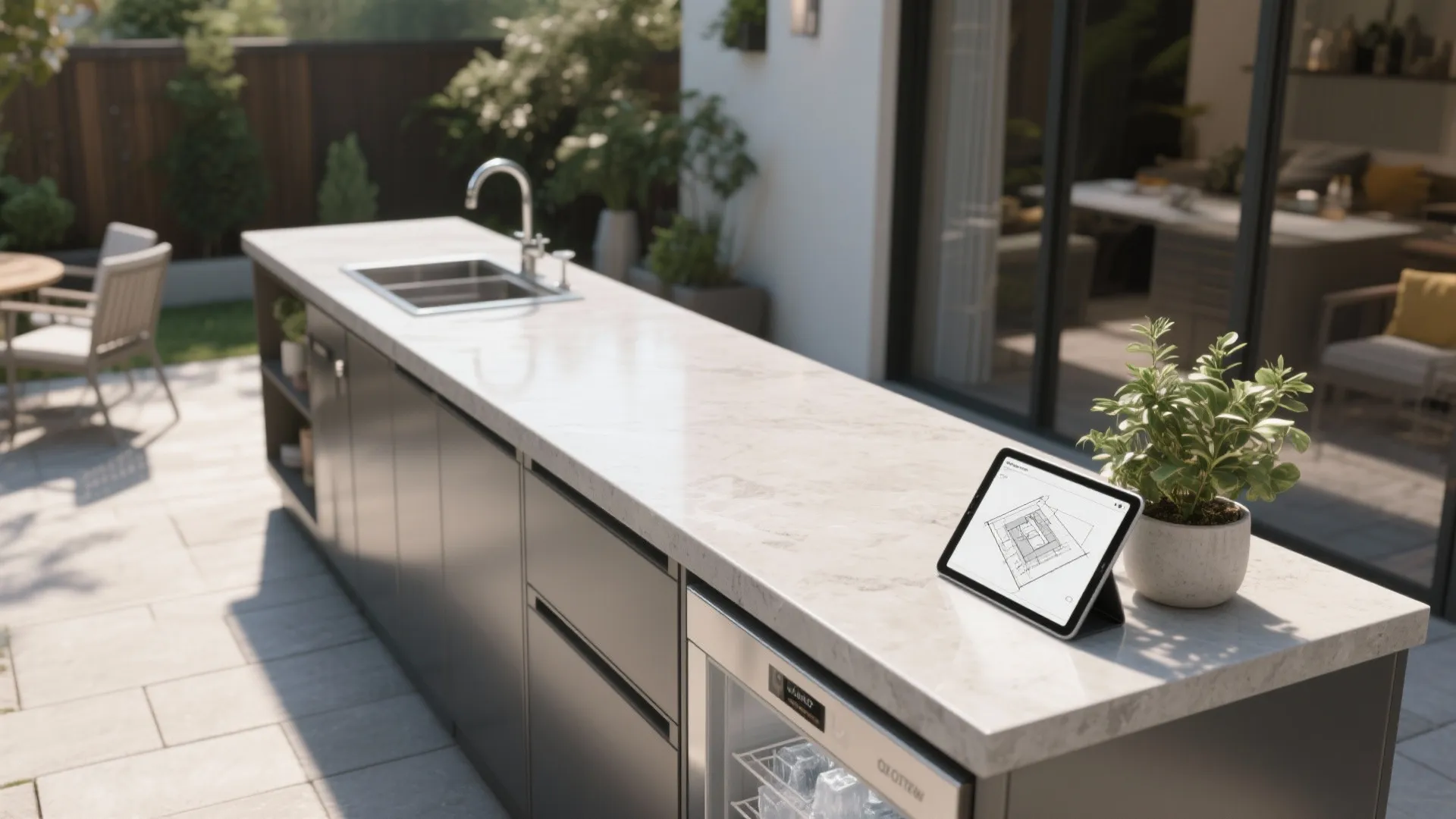 3. L-Shaped Counter with Integrated Fridge