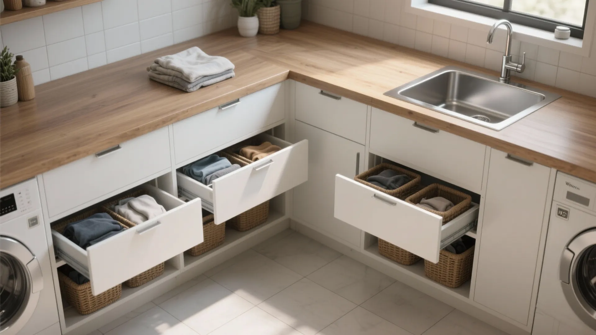 2. L-shaped counter with drawer banks