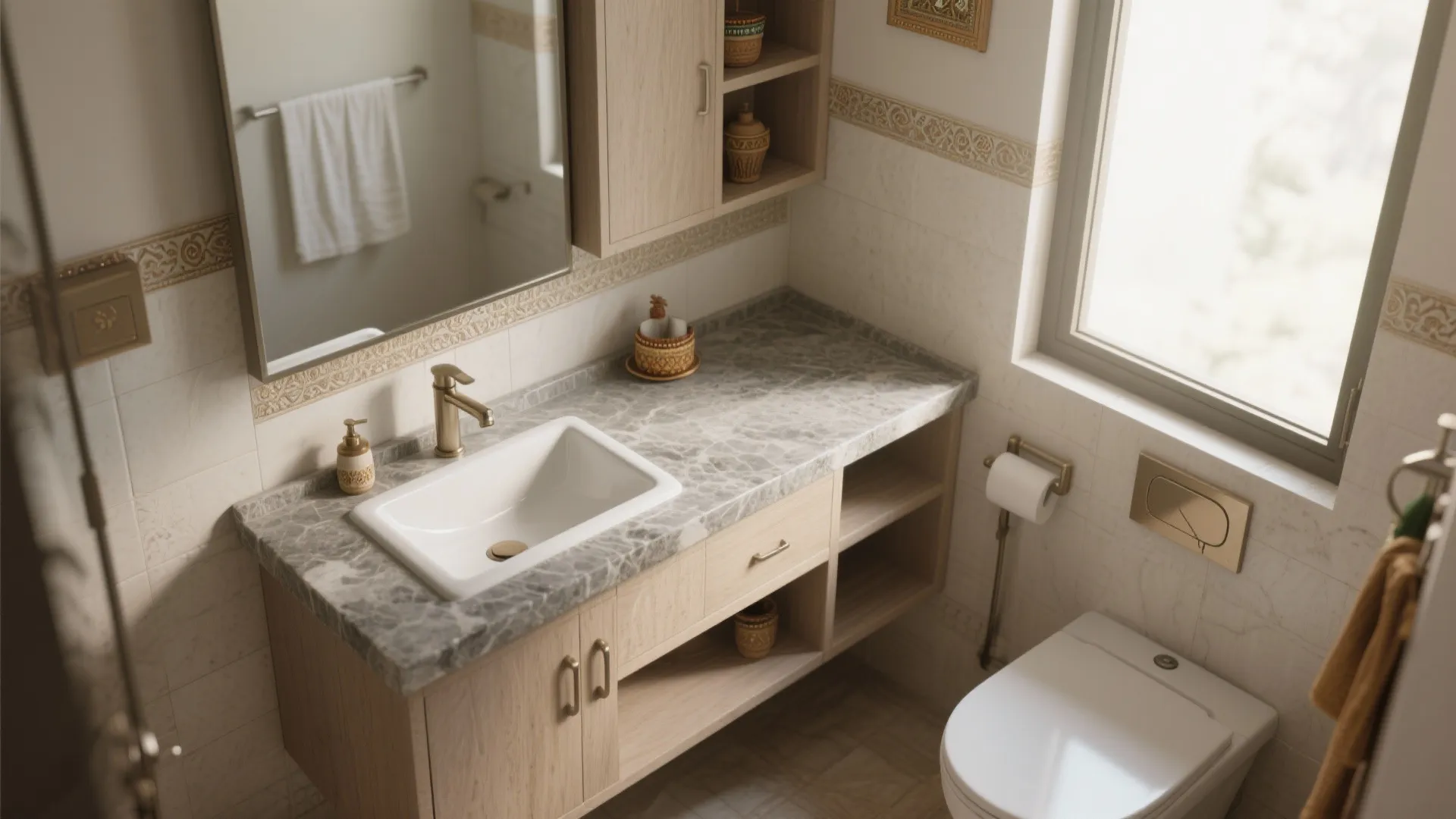 3. L-Shaped Counter for Compact Bathrooms