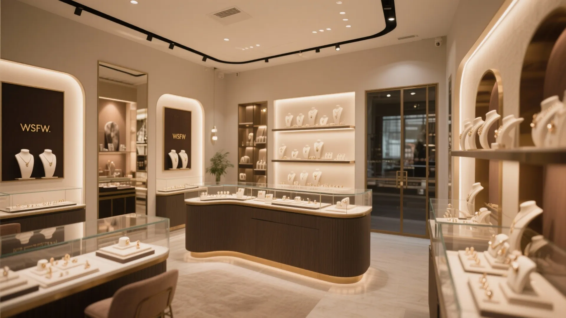 Luxury jewelry store interior with curved display counters, wall shelves showing necklaces, and warm lighting