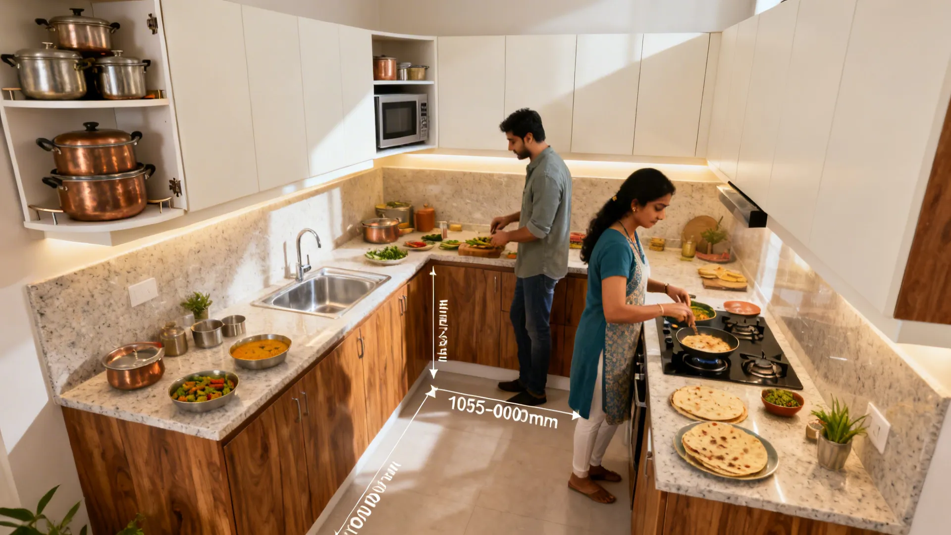 Wide-angle L-shaped compact kitchen with extended counter space and organized corner storage.