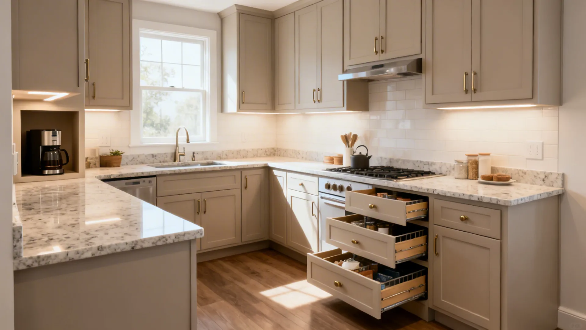 L-shaped 8 x 7 kitchen with continuous counter space and corner storage solutions.
