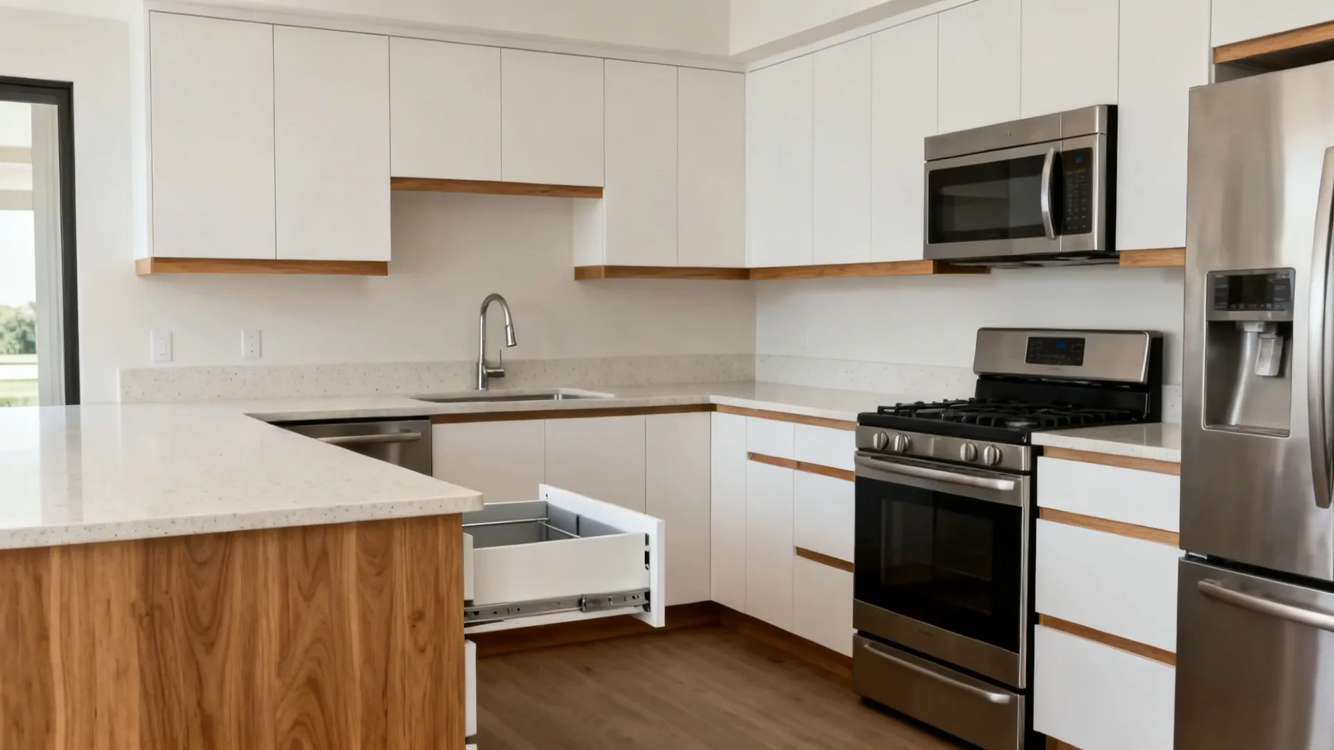 Small L-shaped kitchen with continuous counters and accessible corner storage.