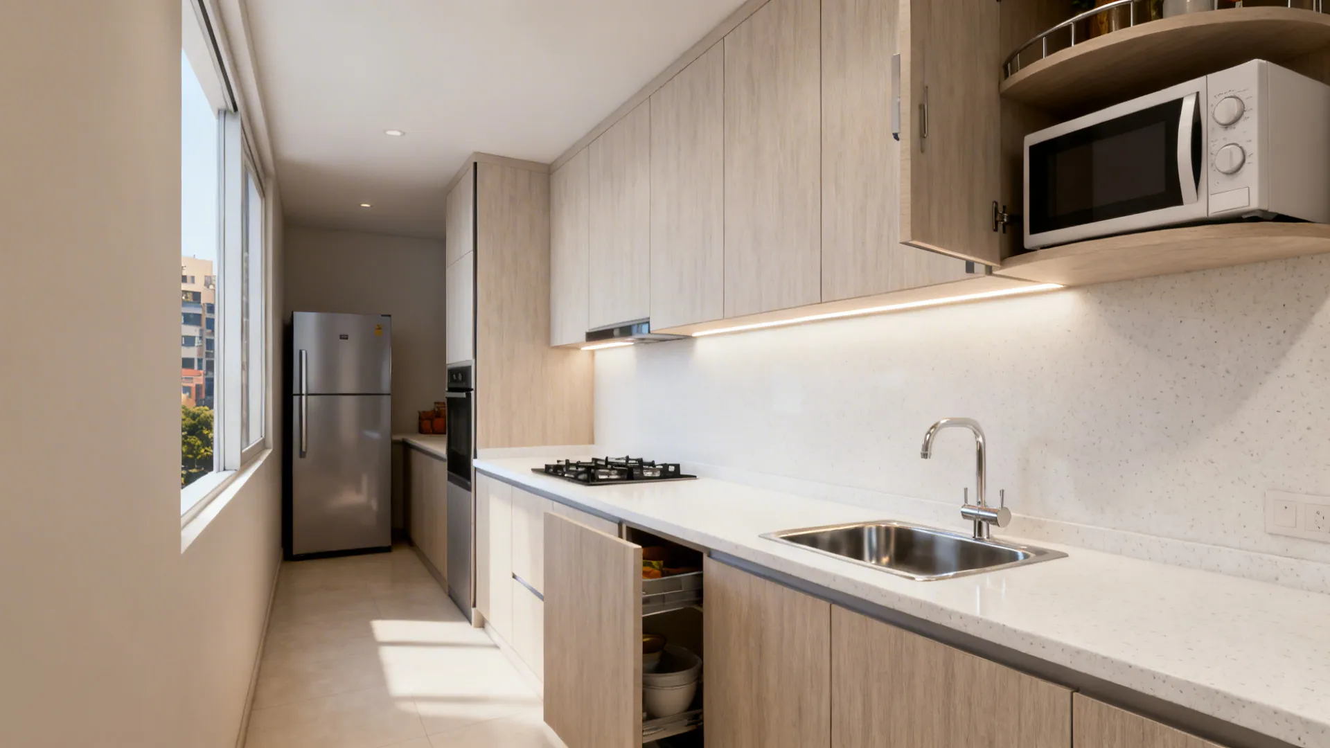 Compact L-shaped modular kitchen with corner carousel and extended countertop area.