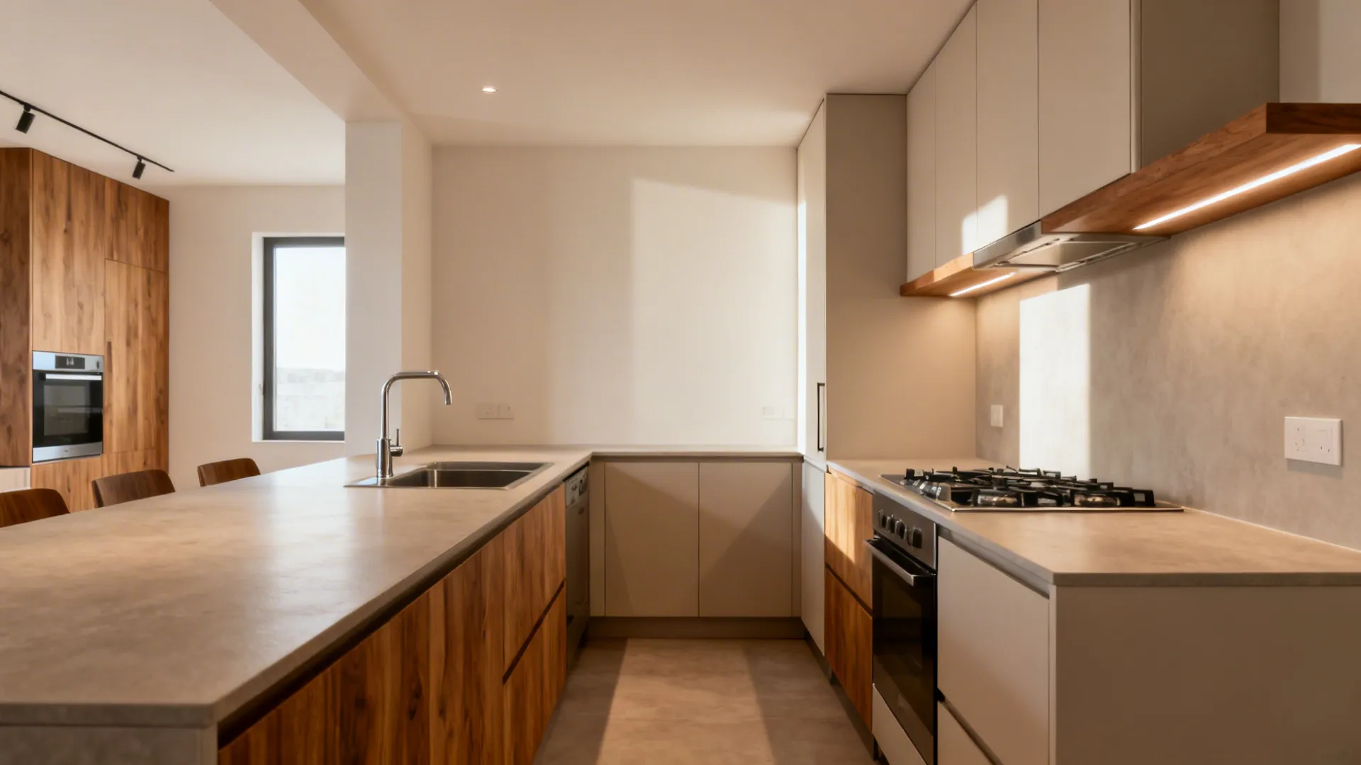 Compact L-shaped kitchen with continuous prep run and clear appliance swing space.