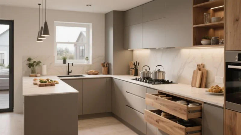 Modern L-Shaped Kitchen with Gray Cabinets & Wood Accents