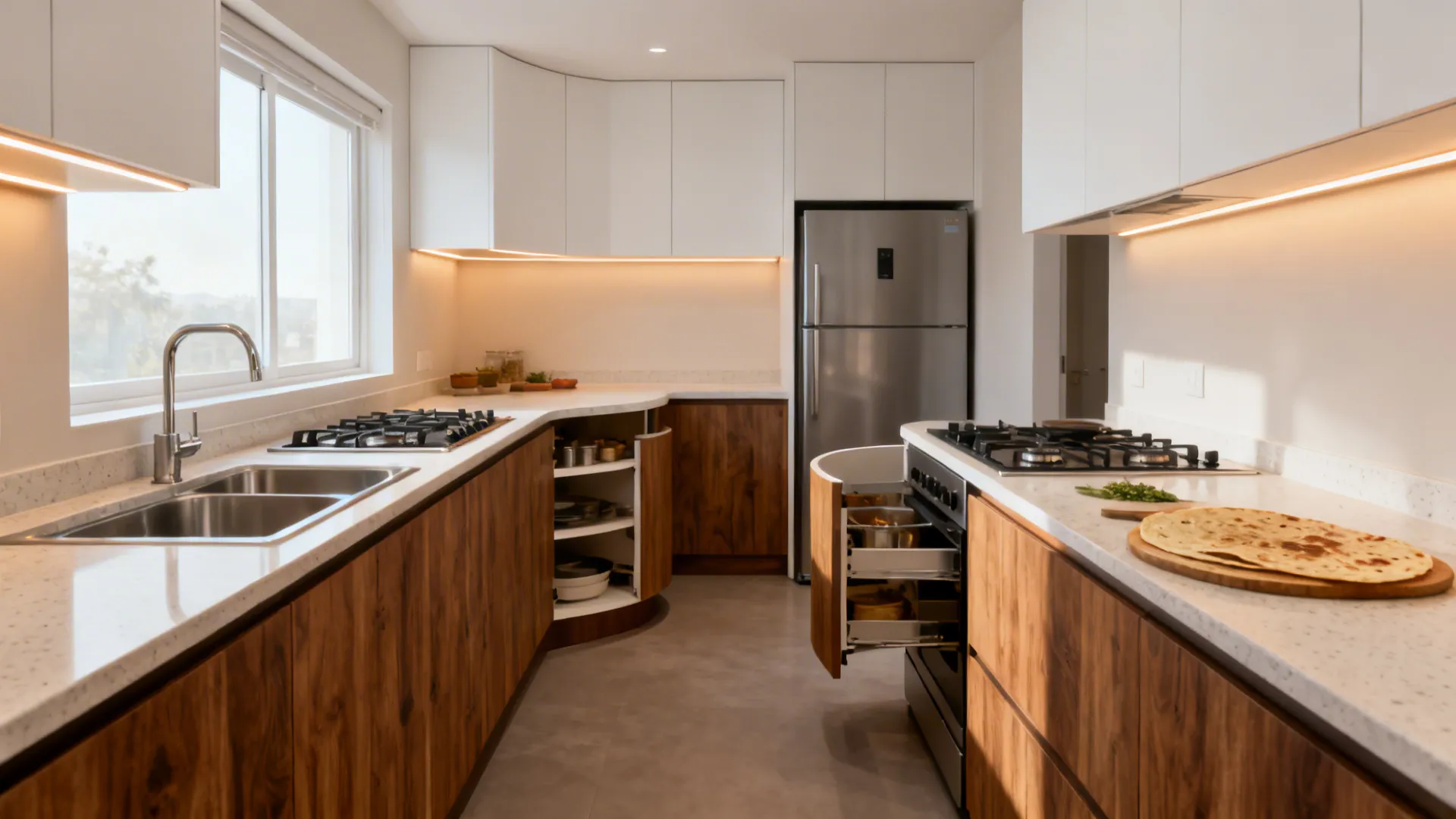 Compact L-shaped kitchen with long continuous counter and corner storage.