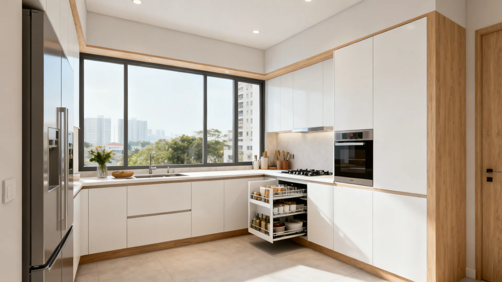 Compact L-shaped kitchen with a long continuous counter and pull-out pantry.