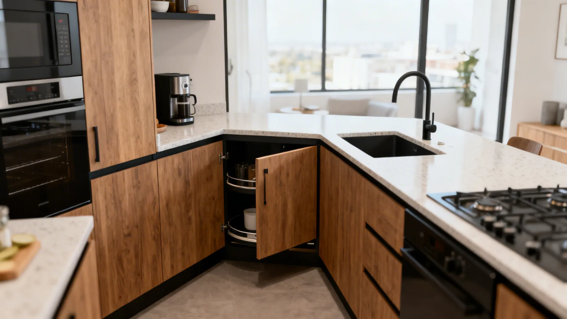 Compact L-shaped kitchen with extra counter return and organized corner storage.