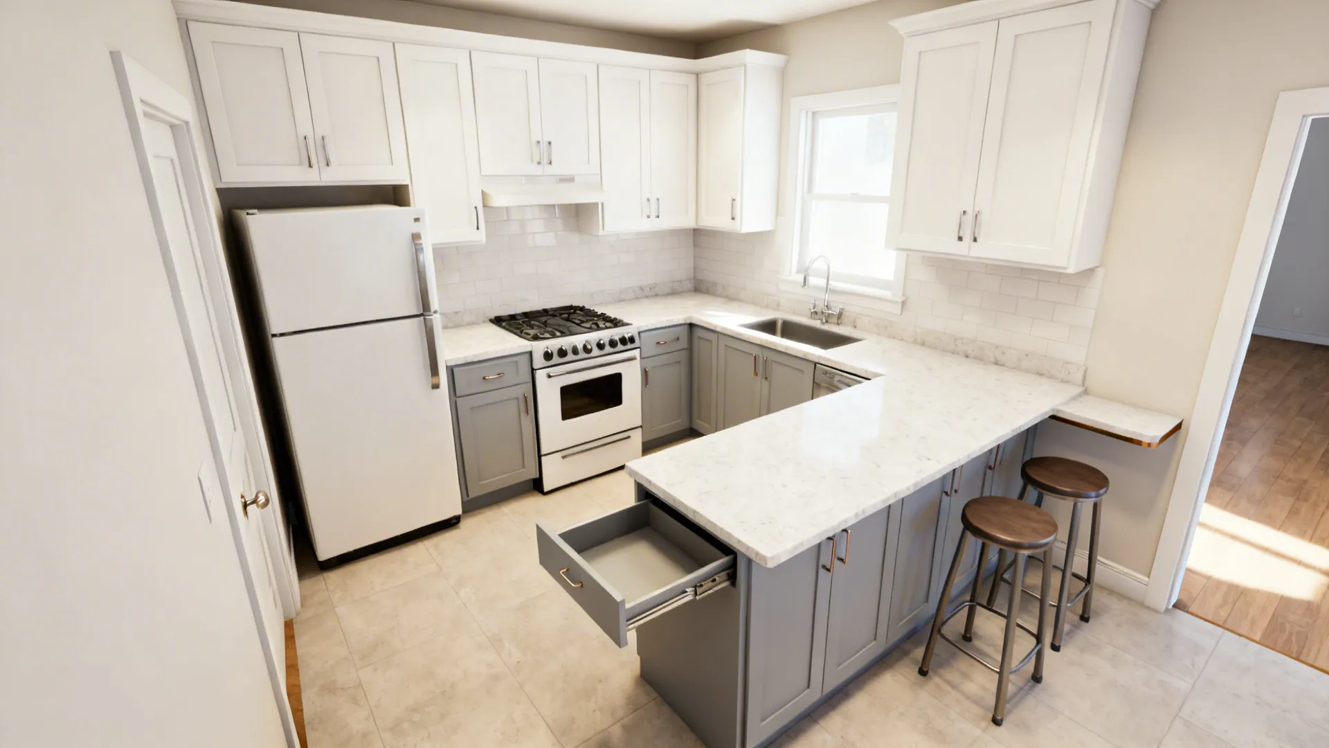 L-shaped 9x8 kitchen with continuous counters and a slim seating ledge.