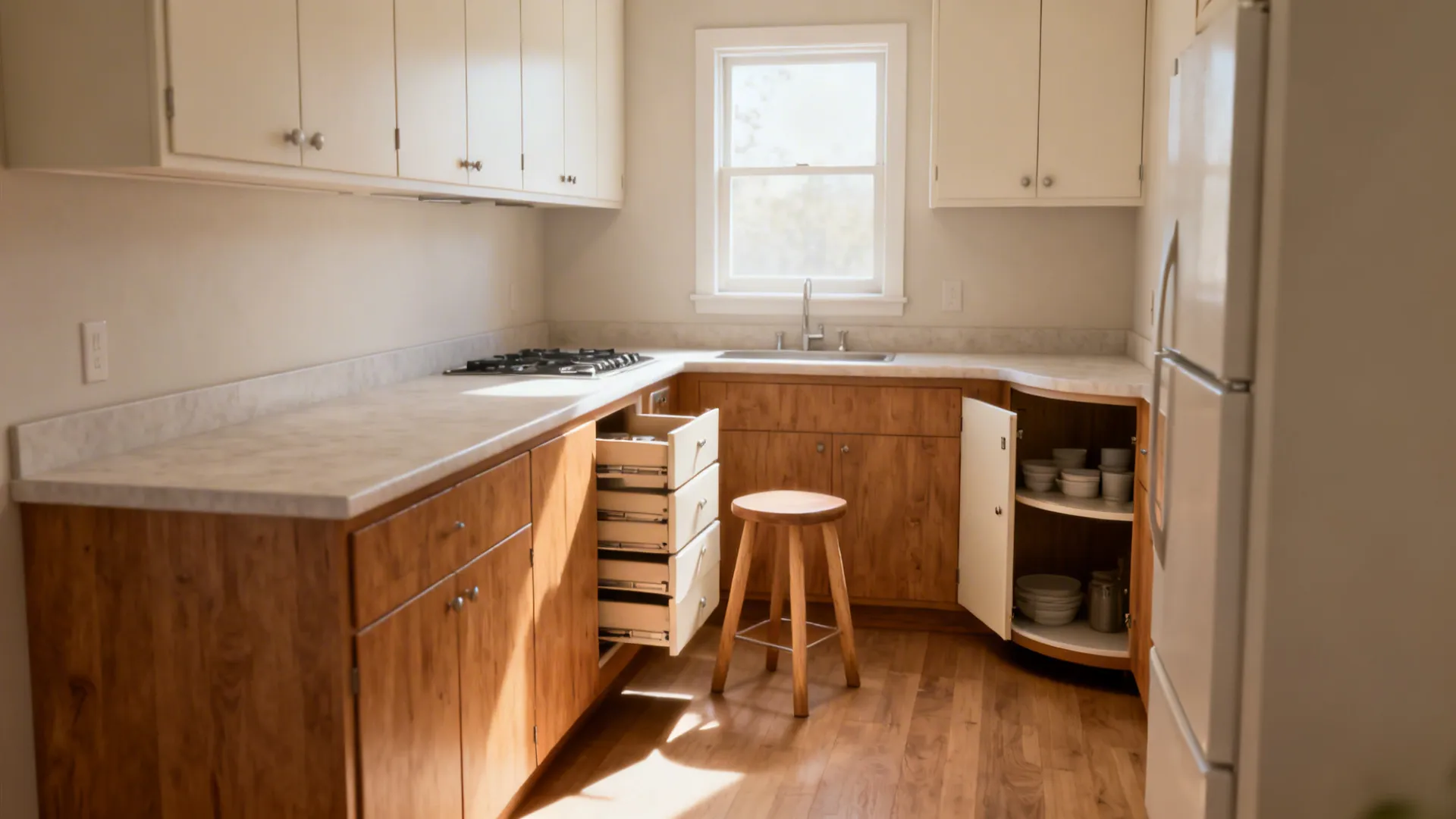 Compact L-shaped kitchen with continuous counter and organized drawers in soft daylight.