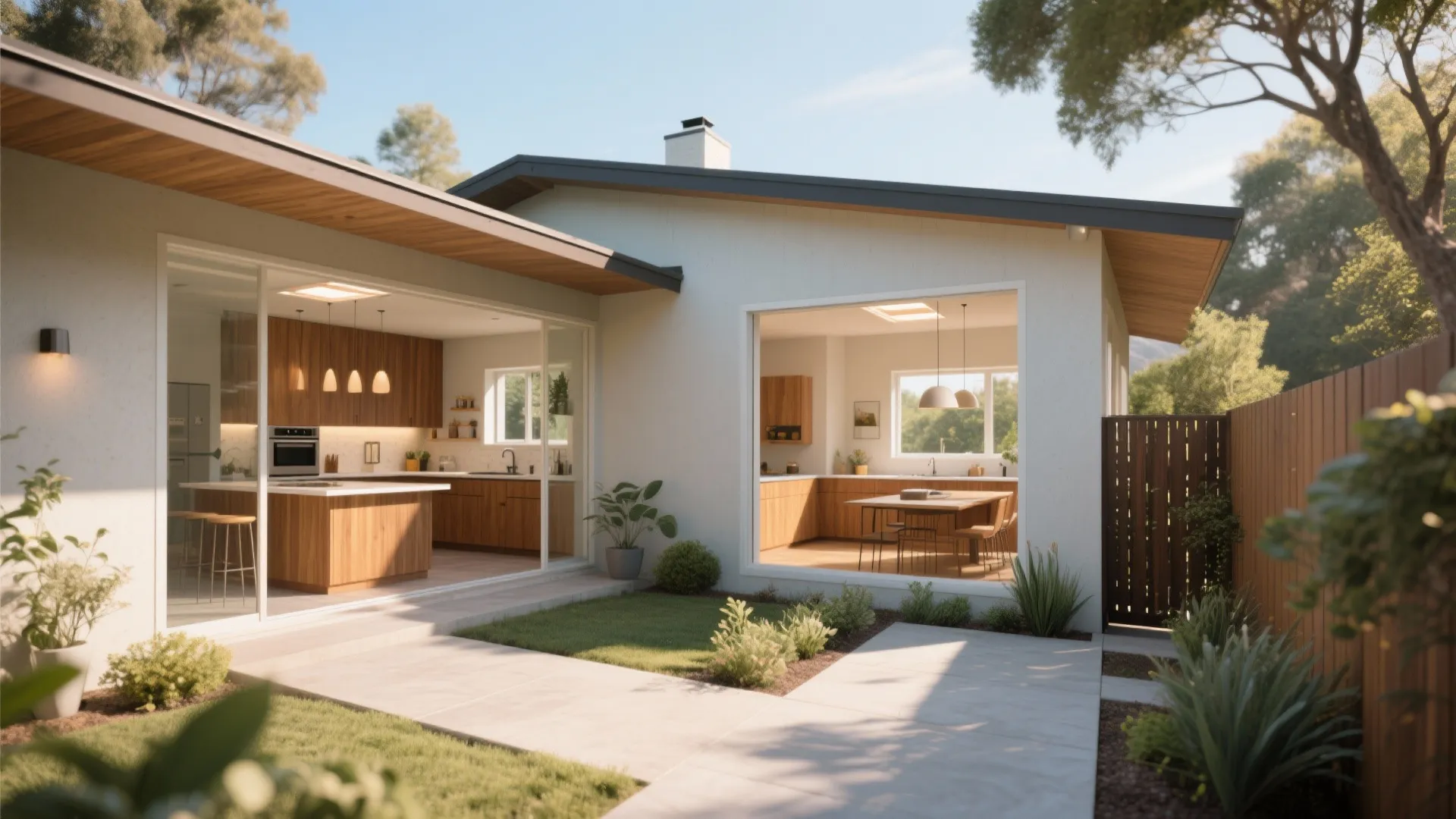L-shaped ranch interior opening to a small sunny courtyard pocket bringing daylight into the kitchen.