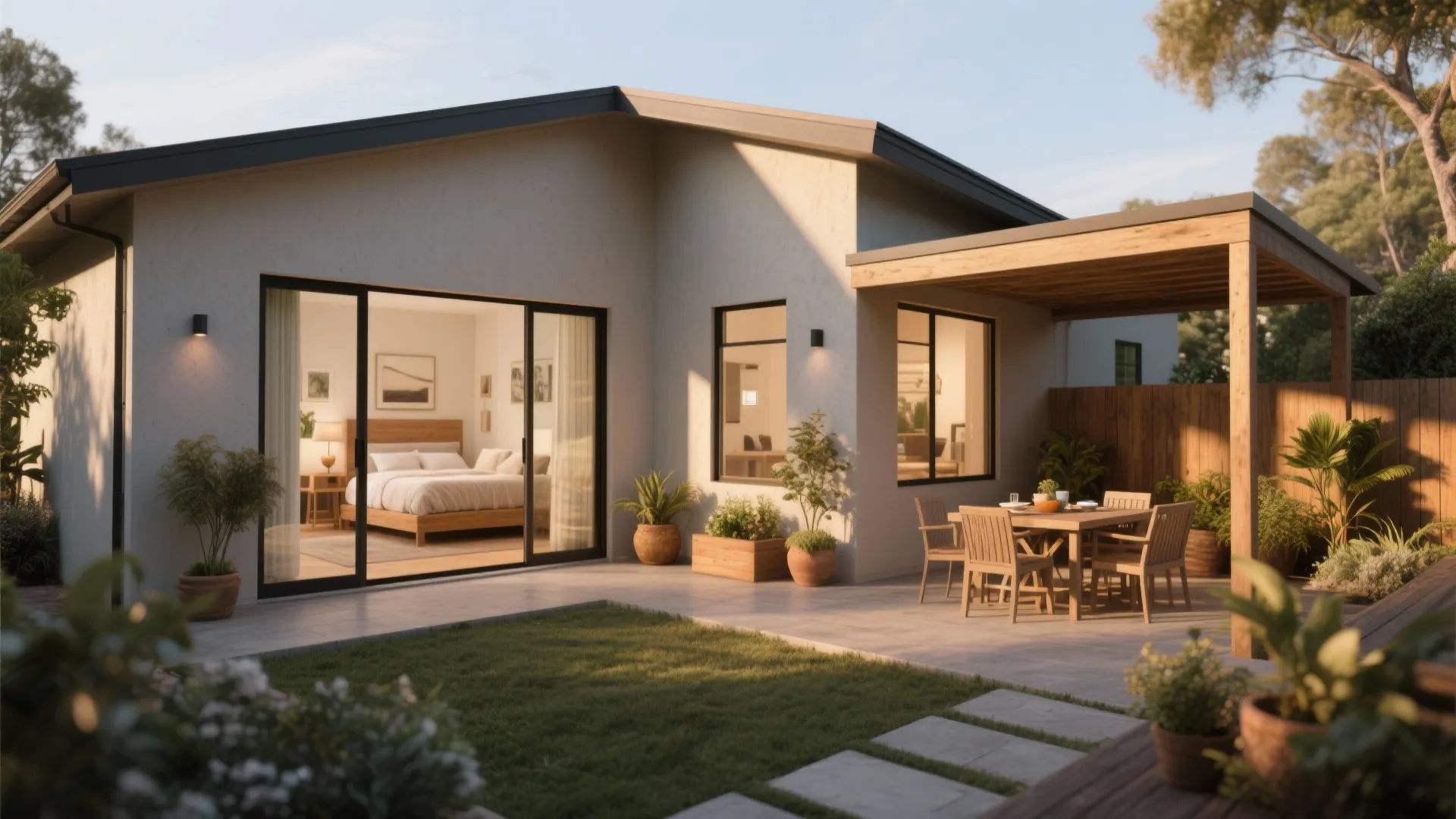 L-shaped single-story plan with private bedroom wing and sheltered courtyard patio with sliding doors