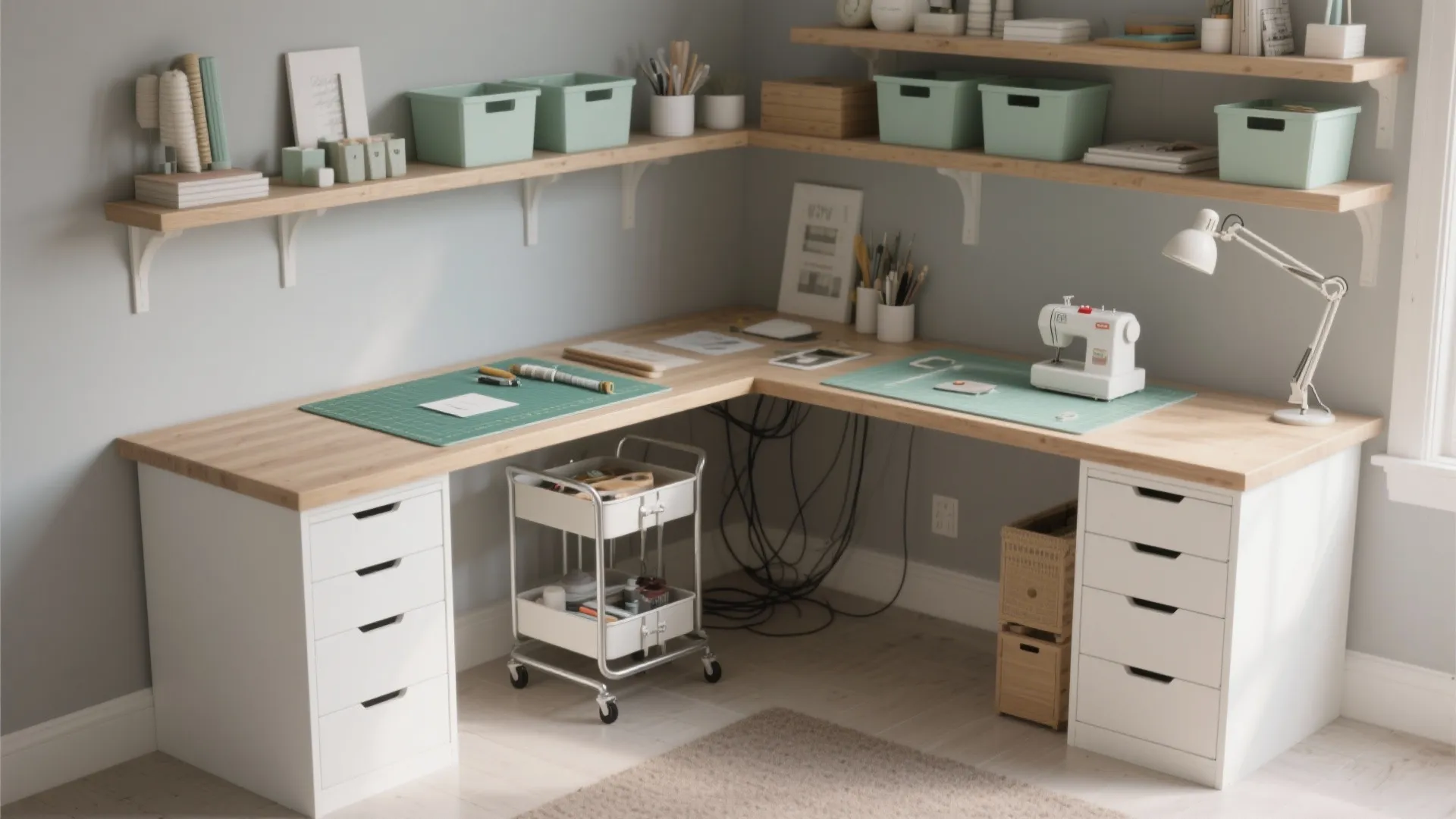 L-Shaped Craft Desk with Drawer Towers + Rolling Carts