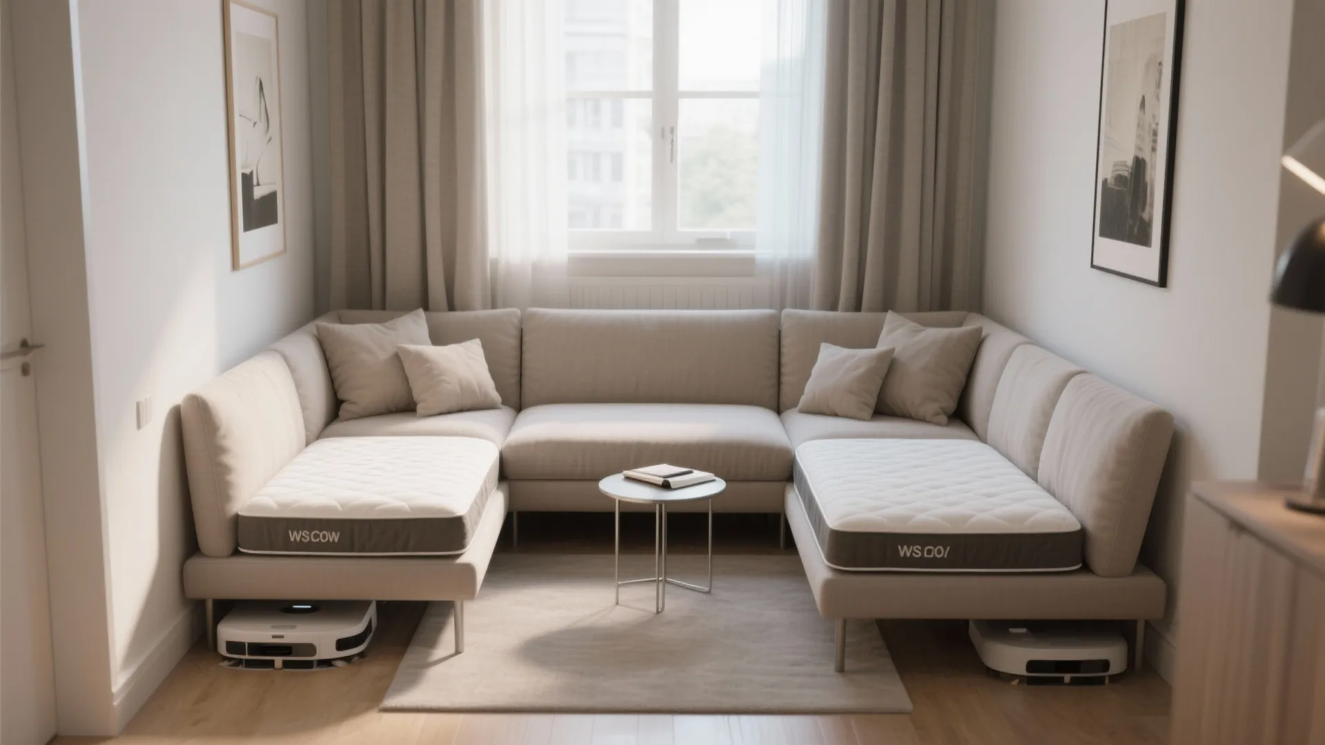 Beige L shaped sofa with pillows small round table rug and curtains in bright room