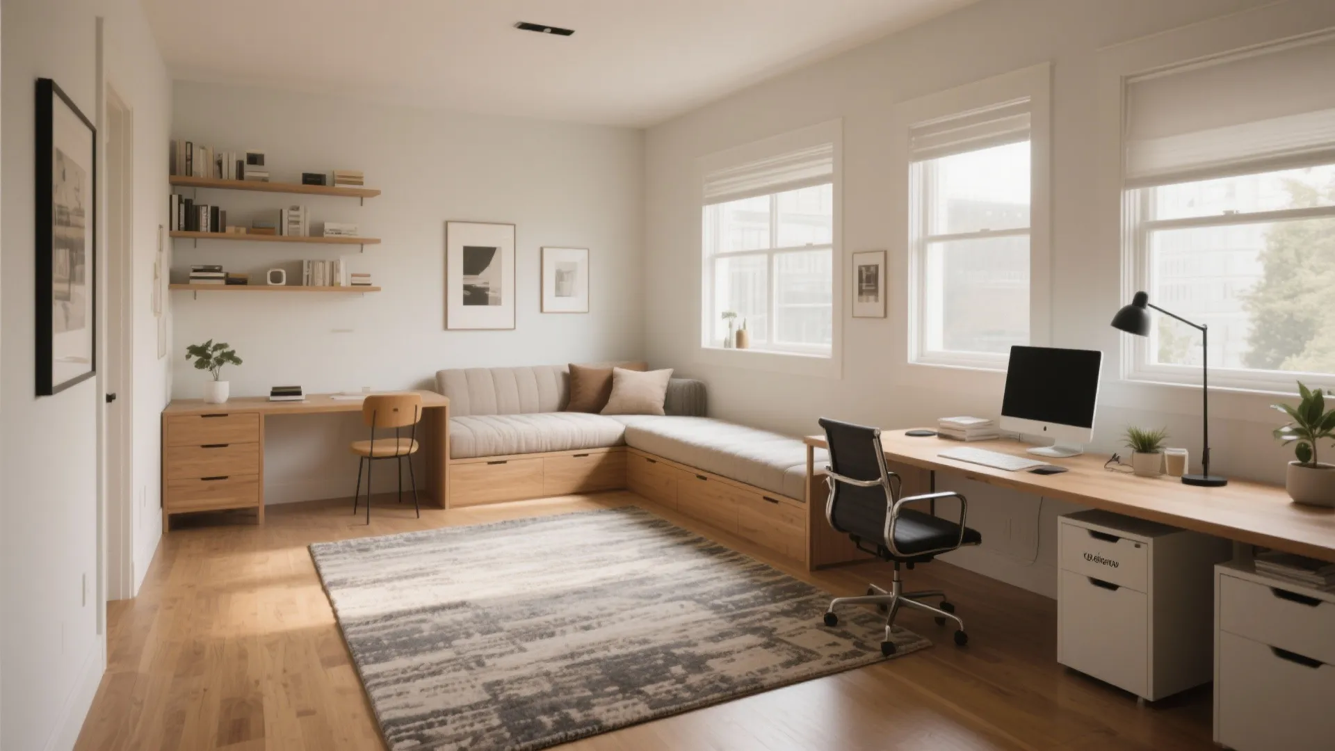 L-shaped layout with desk and daybed in home office