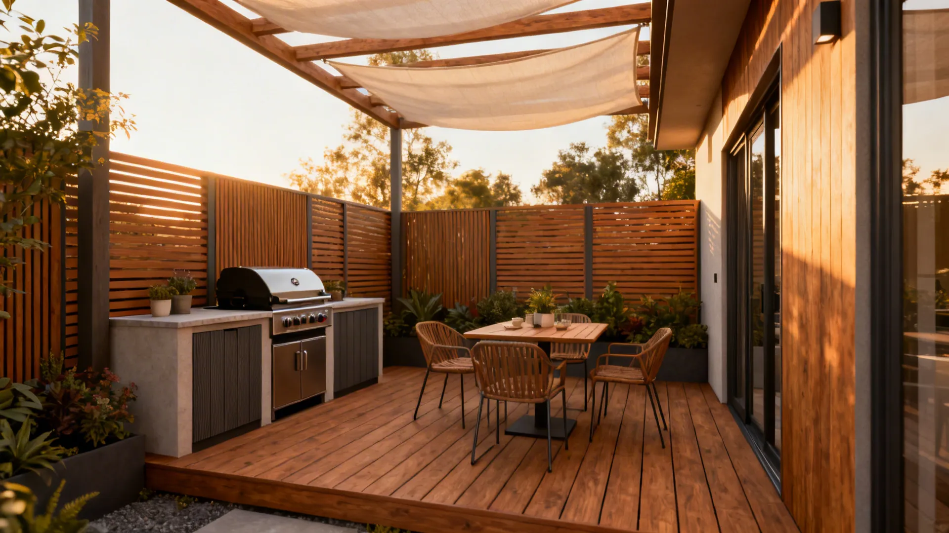 L-shaped corner deck with a grill zone and bistro seating under a narrow pergola.