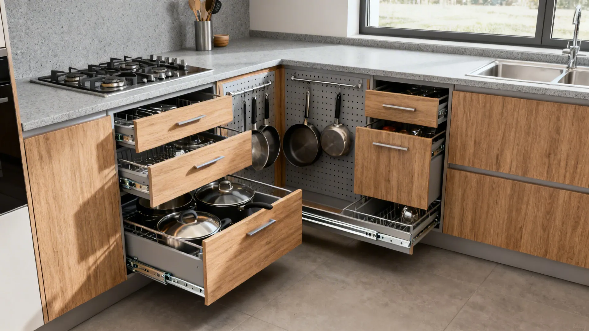 L-shaped small kitchen with deep full-extension drawers organized for cookware.
