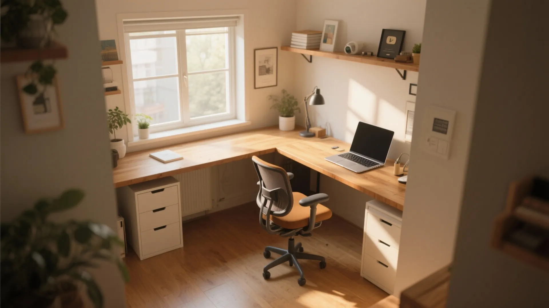 Modern home office with wooden L-shaped desk, ergonomic chair, white drawers, and large bright window