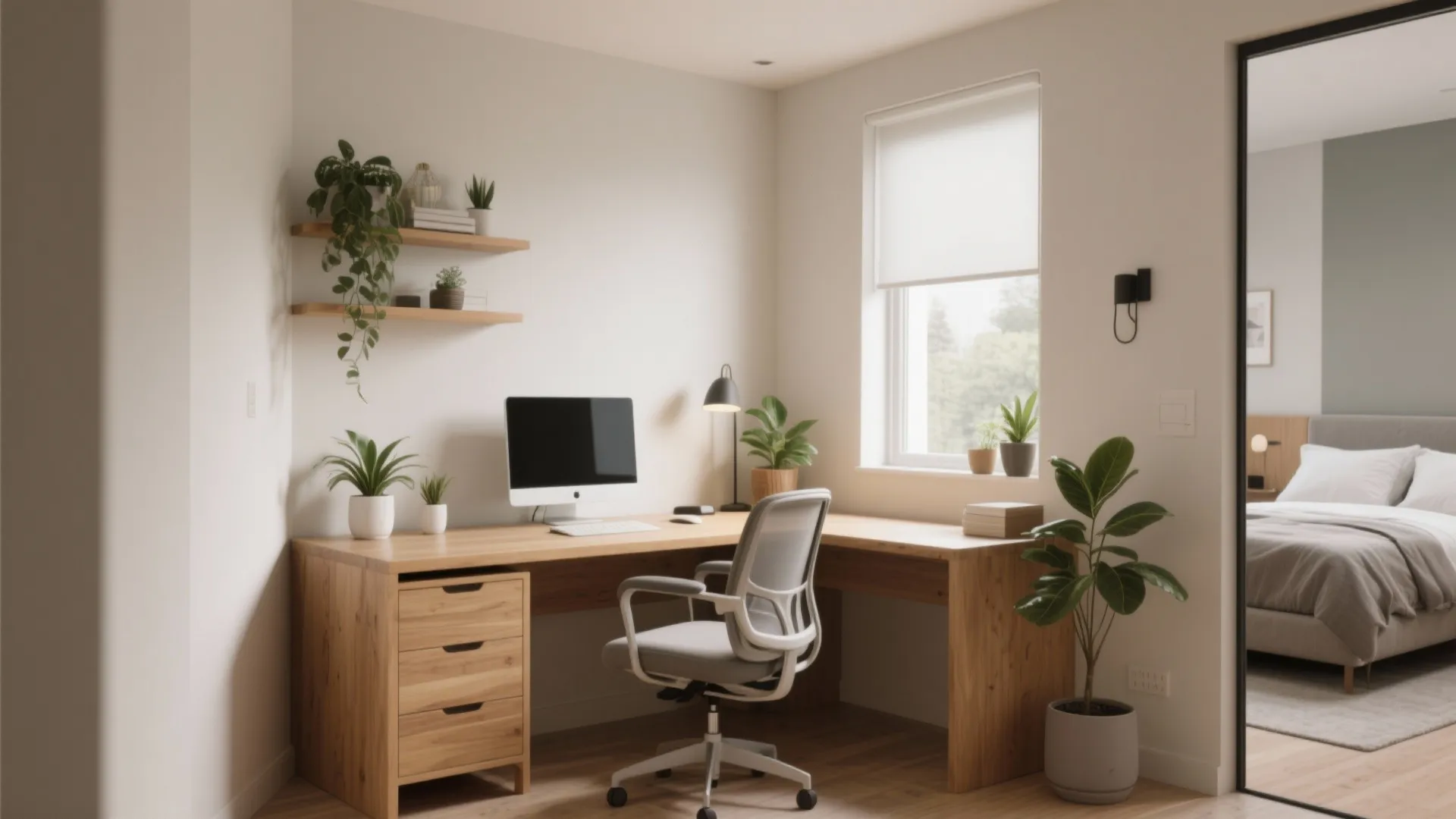 L-shaped desk positioned in corner of small guest office