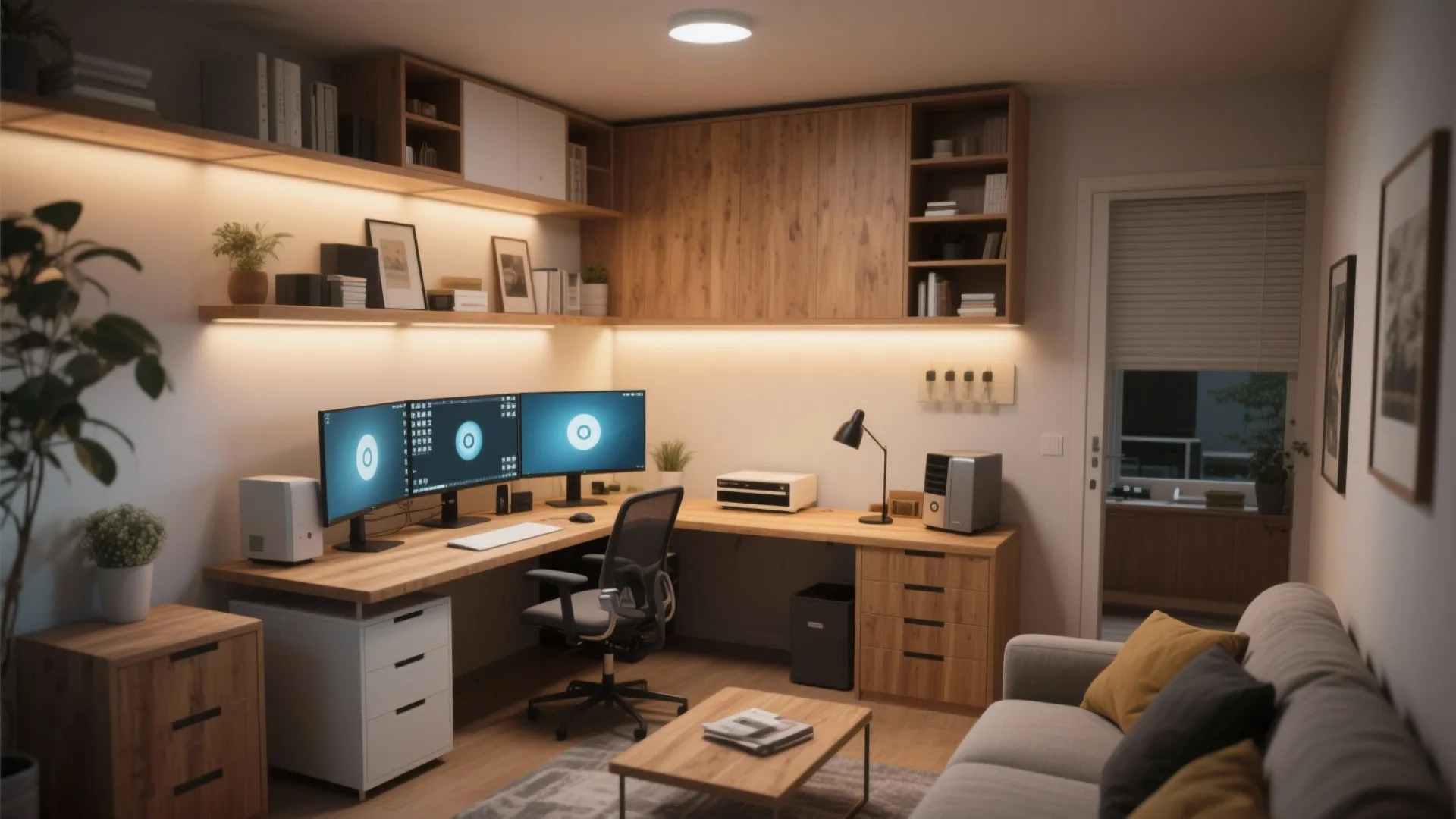 Modern home office with wood L-shaped desk dual monitors black chair shelving and warm light