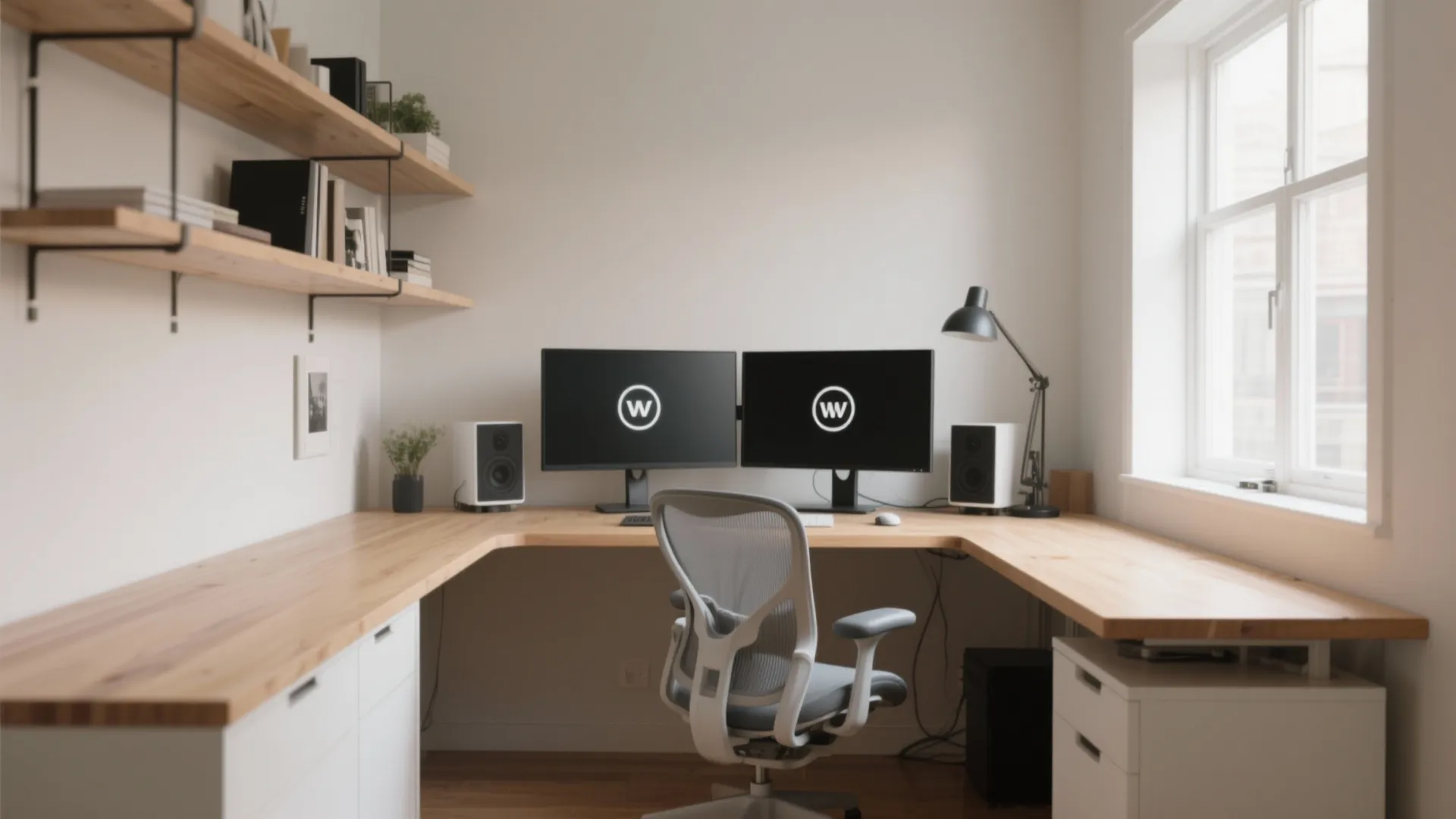 Modern home office with wood L-shaped desk dual monitors white cabinets and a grey chair