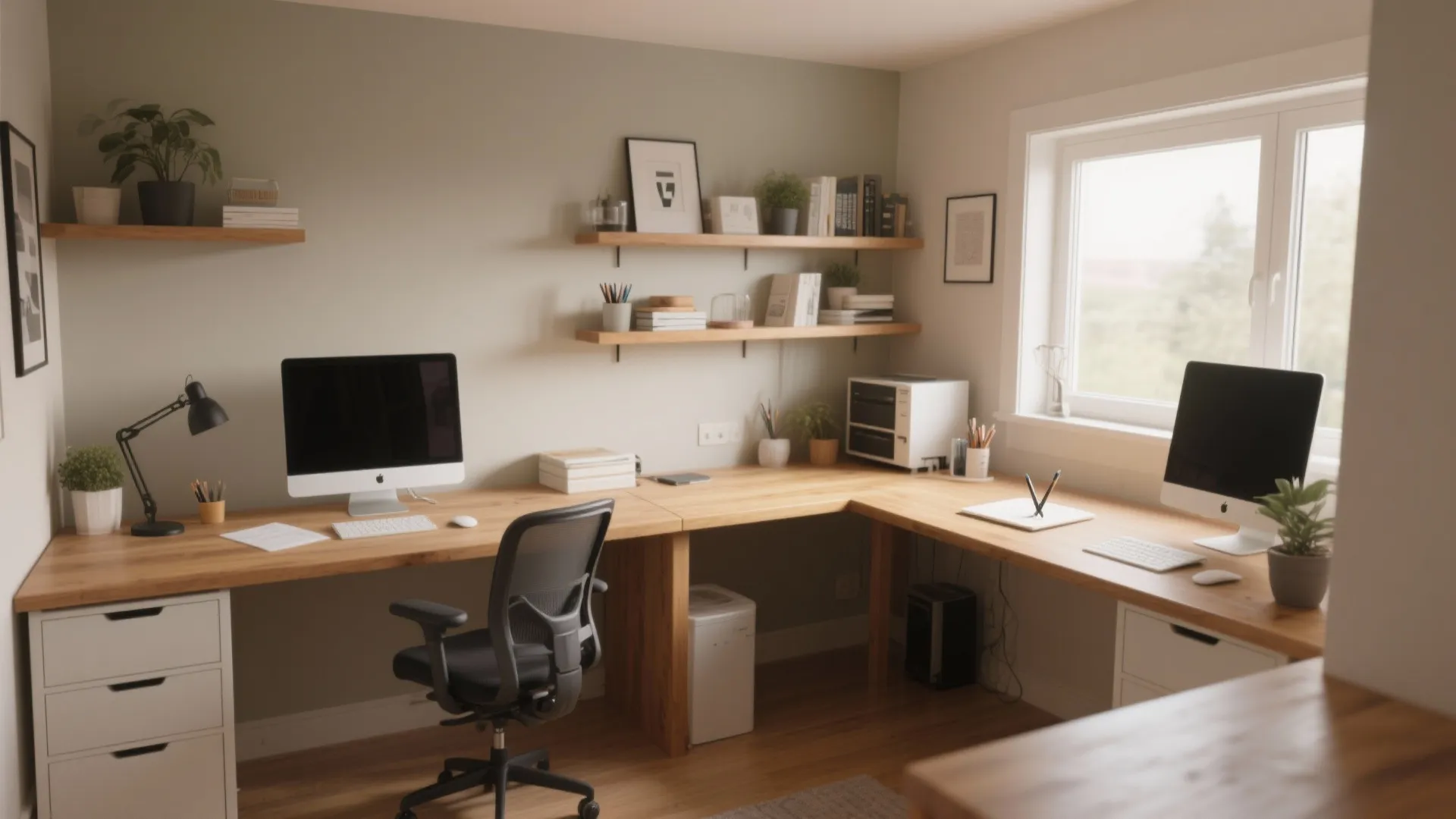 L-shaped desk layout maximizing corners