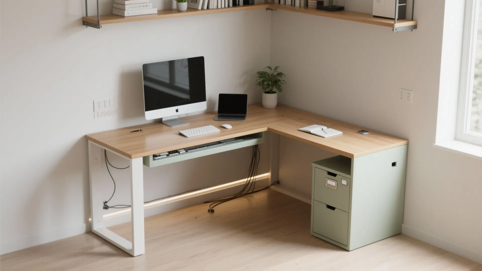 L-shaped desk and wall-mounted solutions