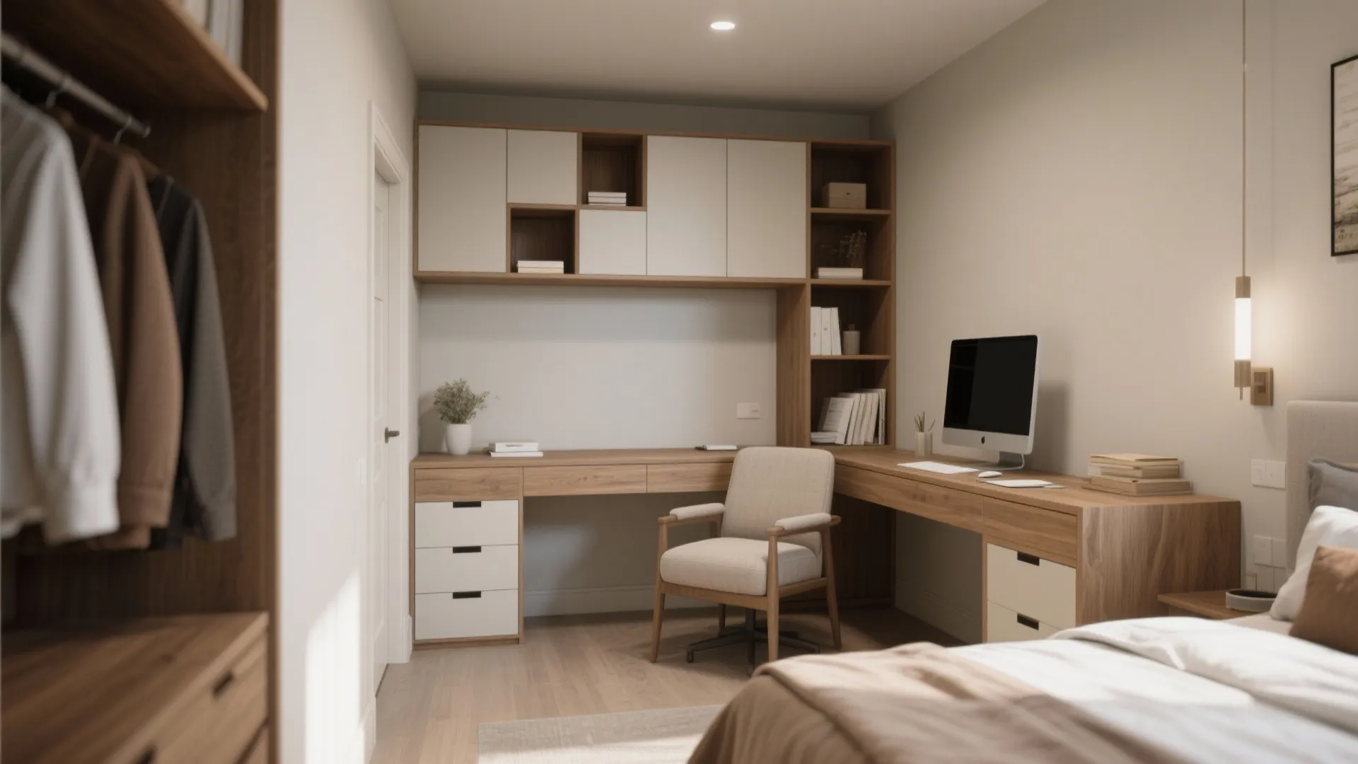 Modern wooden L-shaped desk with office chair computer wall shelves and a cozy bed area