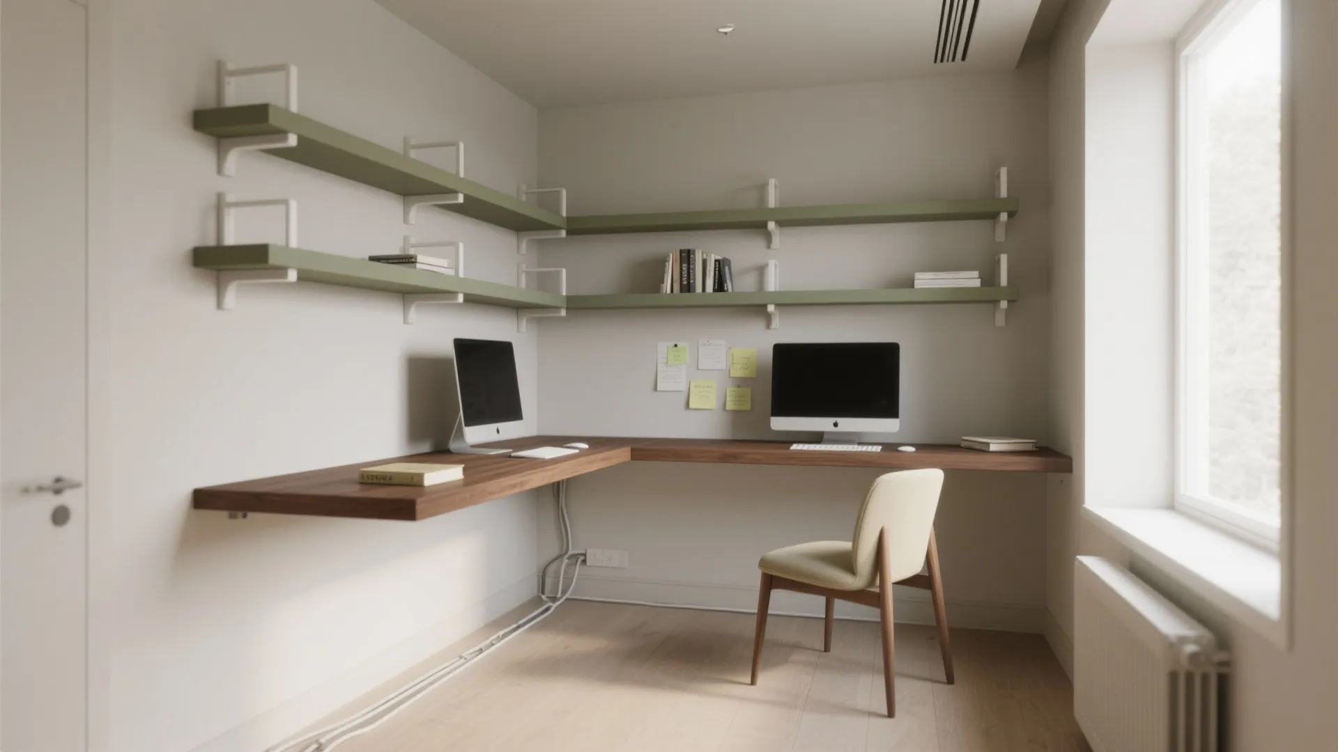 Compact study with wall-mounted L-shaped desk, floating shelves, clear walkway, and tidy cables.