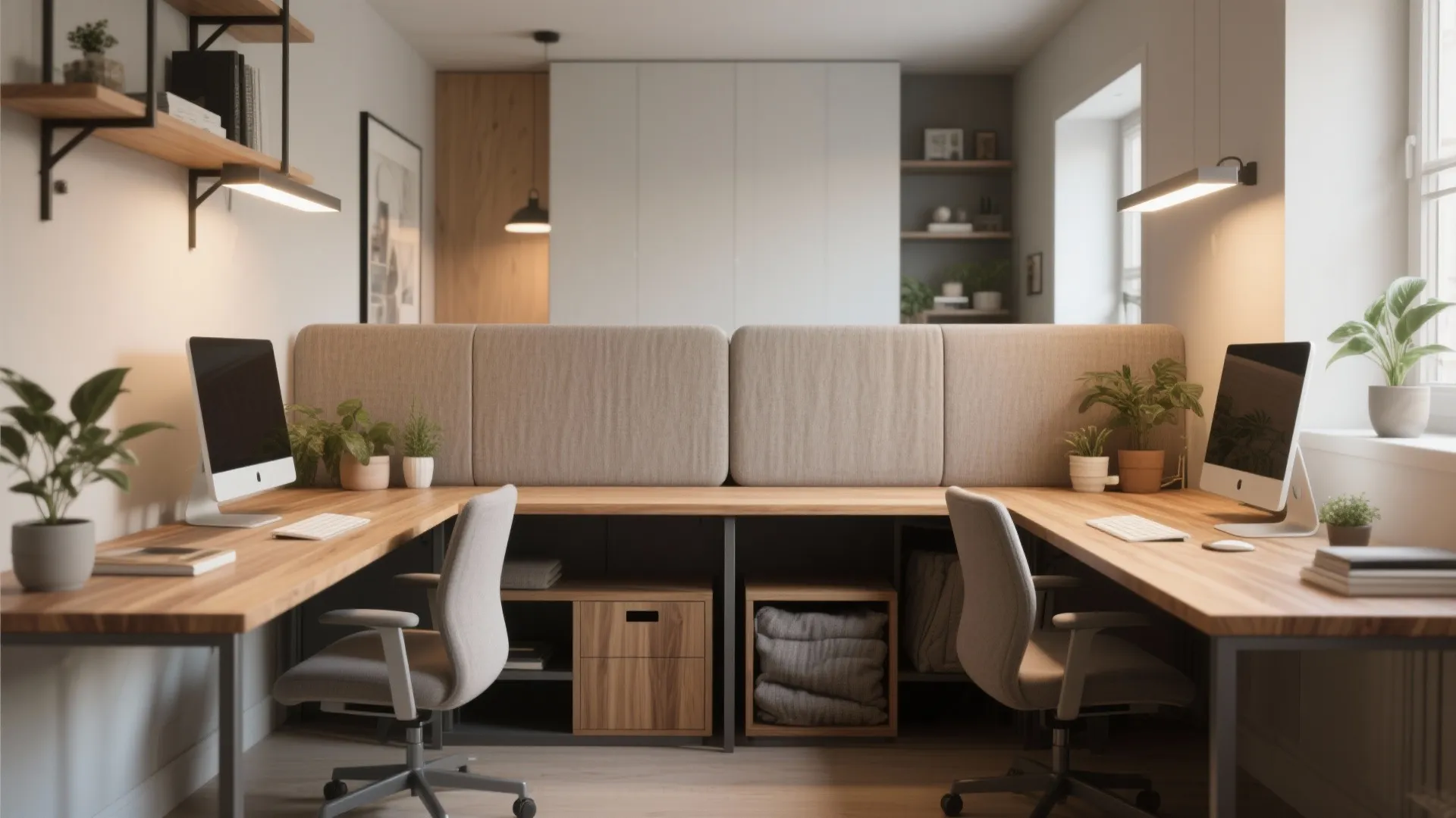 2) L-shaped shared desk with a modest divider