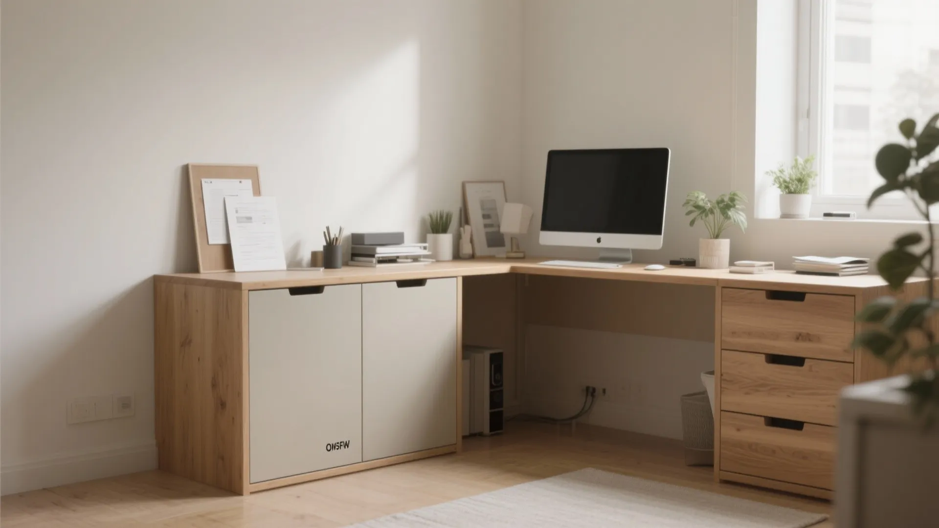 3. Compact L-shaped desk with integrated storage