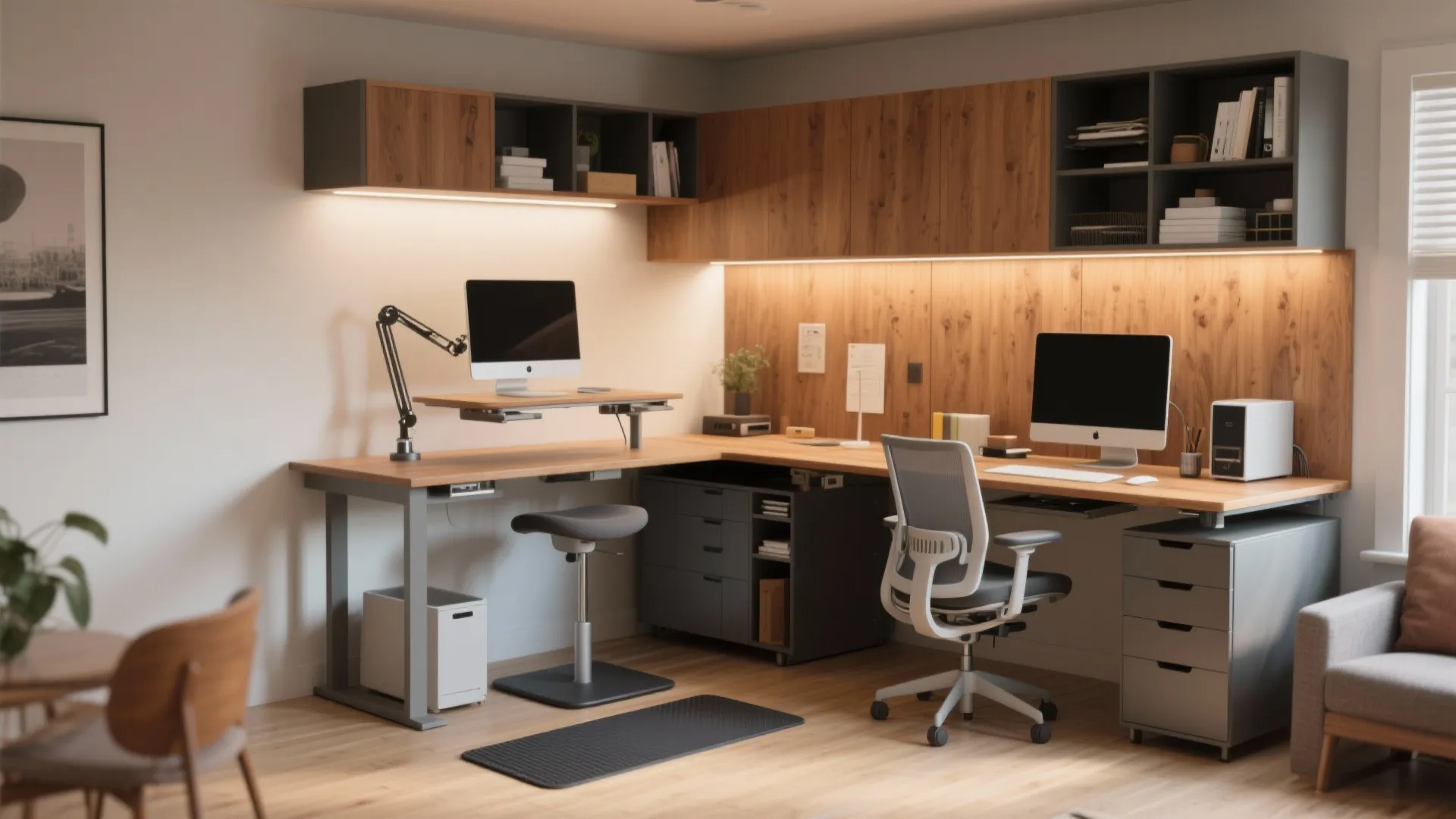 Large L shaped wooden desk with two computer stations grey cabinets office chairs and lighting