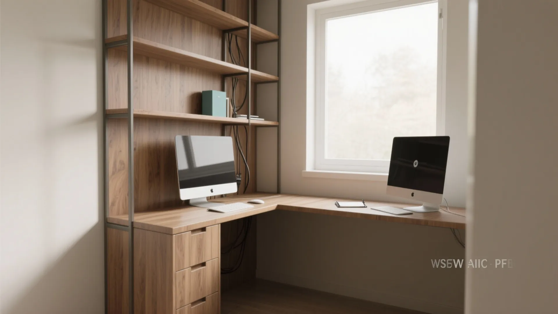 Modern home office featuring large L-shaped wooden desk tall bookshelves two computers and a window view
