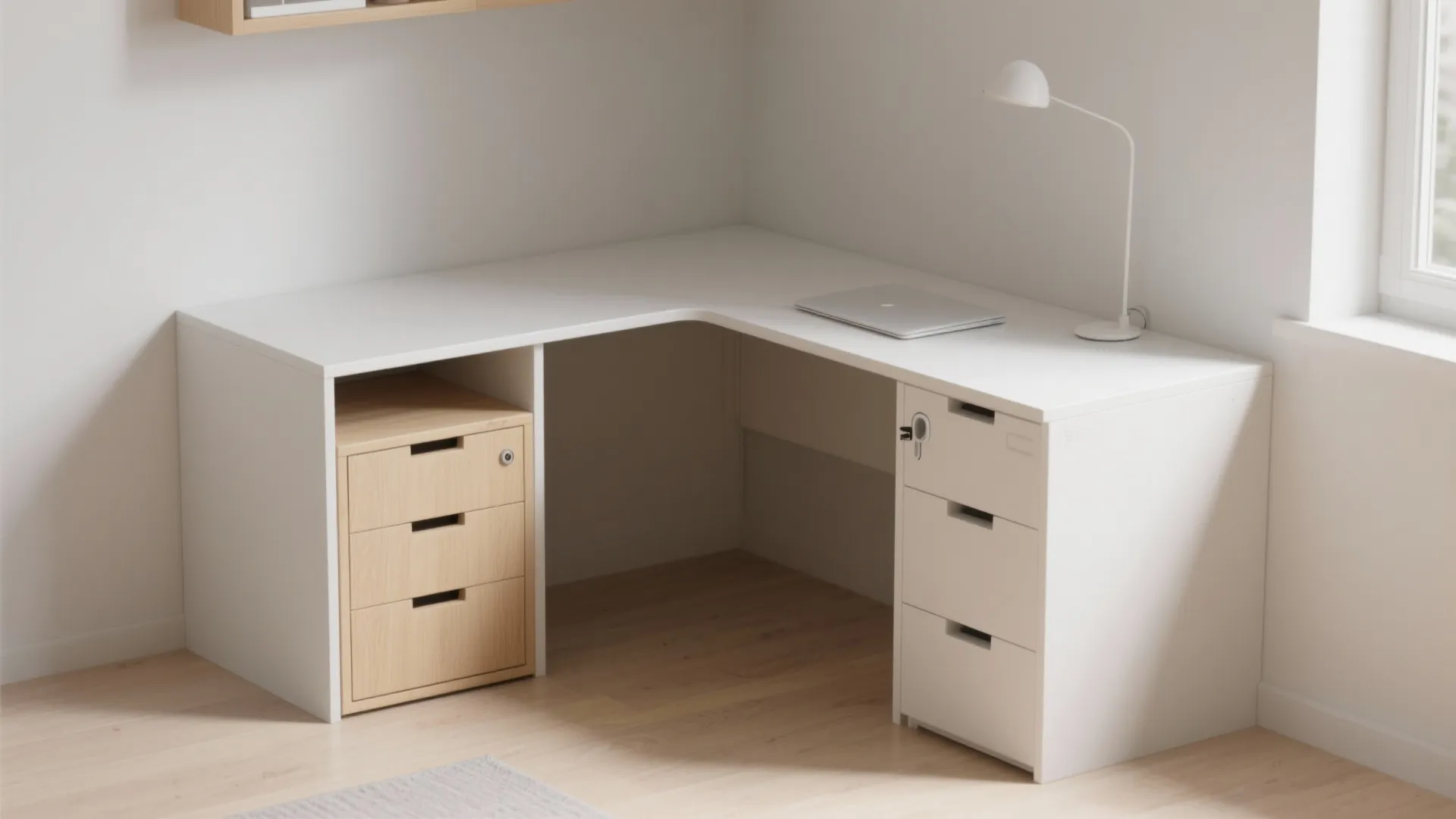 Compact L-shaped corner desk with a slim filing cabinet tucked under the short leg, light wood and white finishes.
