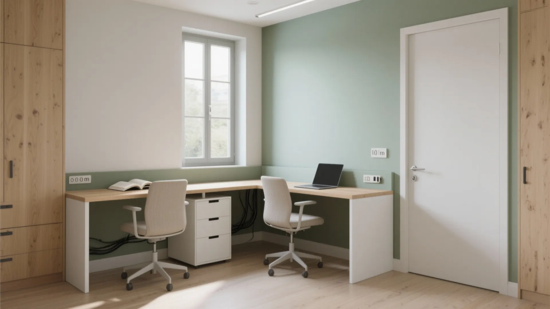 L-shaped desks in compact study rooms