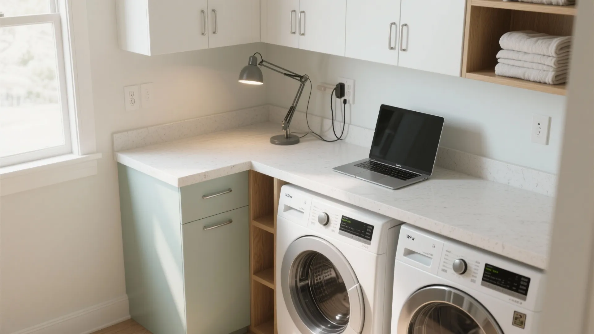 L-shaped workstation over the laundry zone