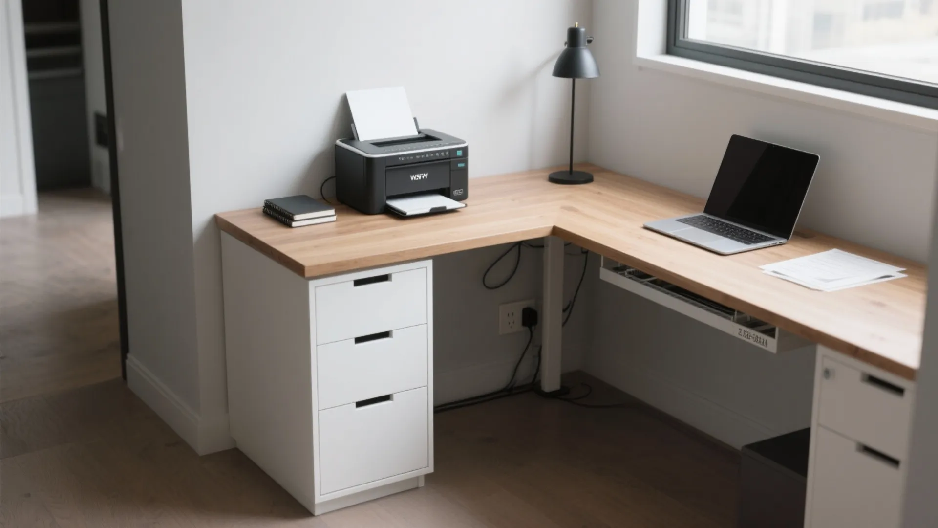 Modern wood corner desk with white drawers plus printer and laptop in a home office