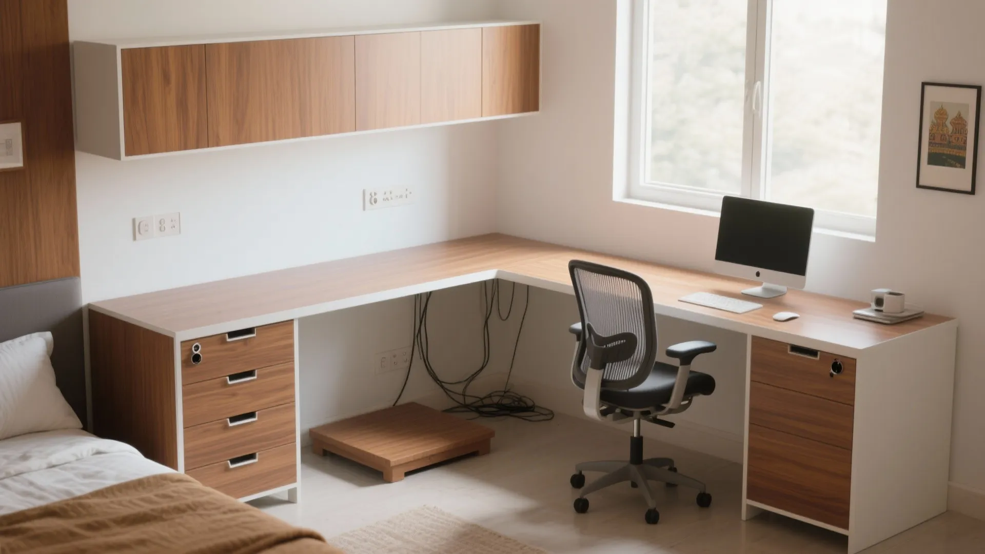 Modern wood L shaped desk with black office chair and computer in a bright bedroom