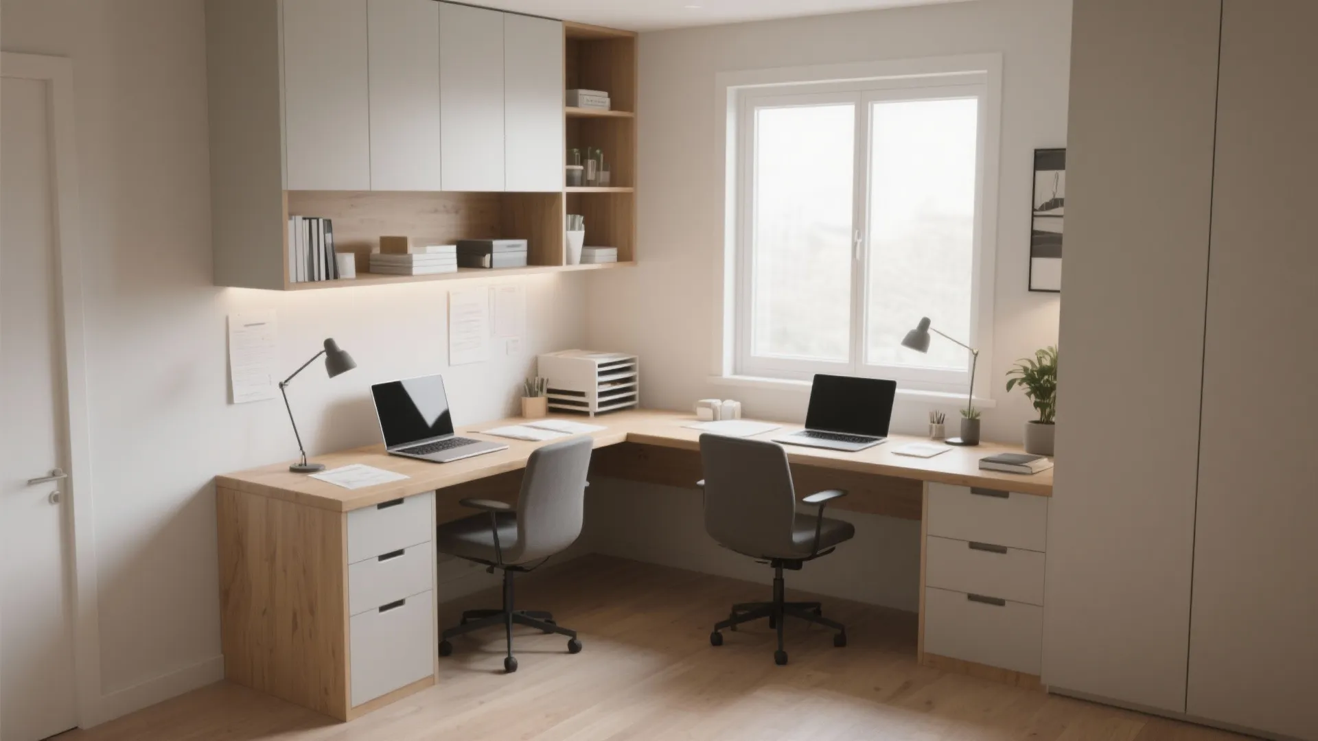 L-shaped wooden home office desk with two gray chairs laptops white cabinets and natural window