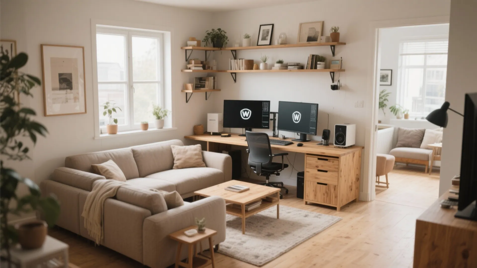 Modern living room layout with beige sofa wooden coffee table and long desk with monitors