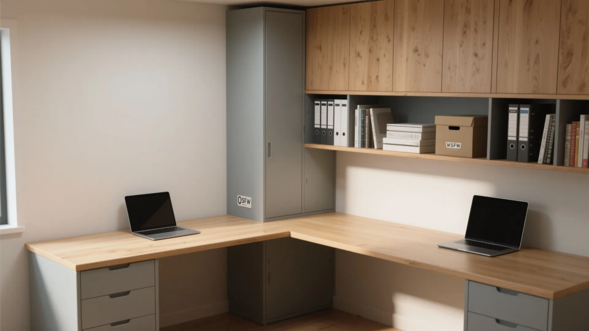 2. L-shaped corner desk with vertical hutch tower