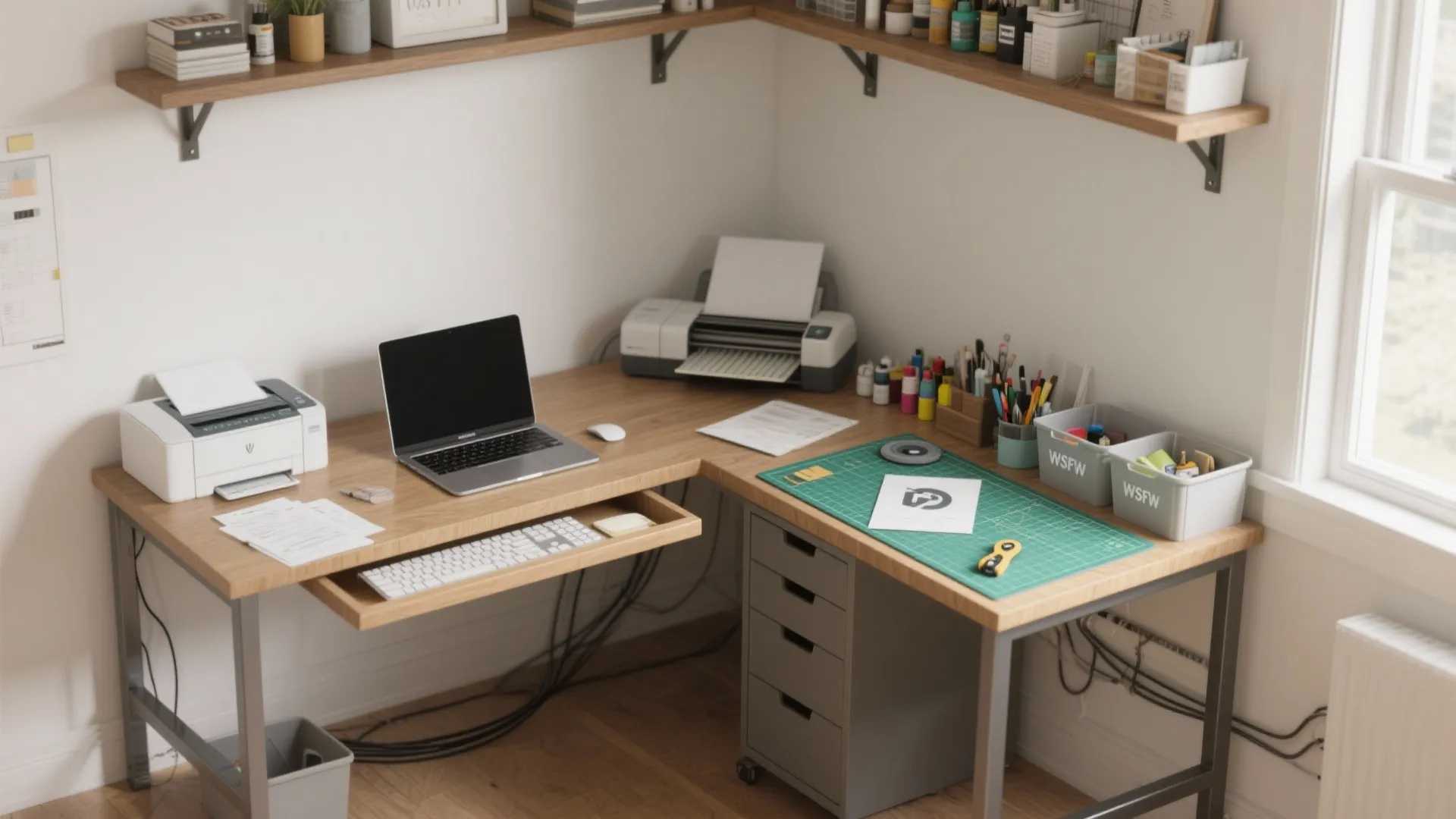 L-shaped desk layout to separate laptop work from crafting