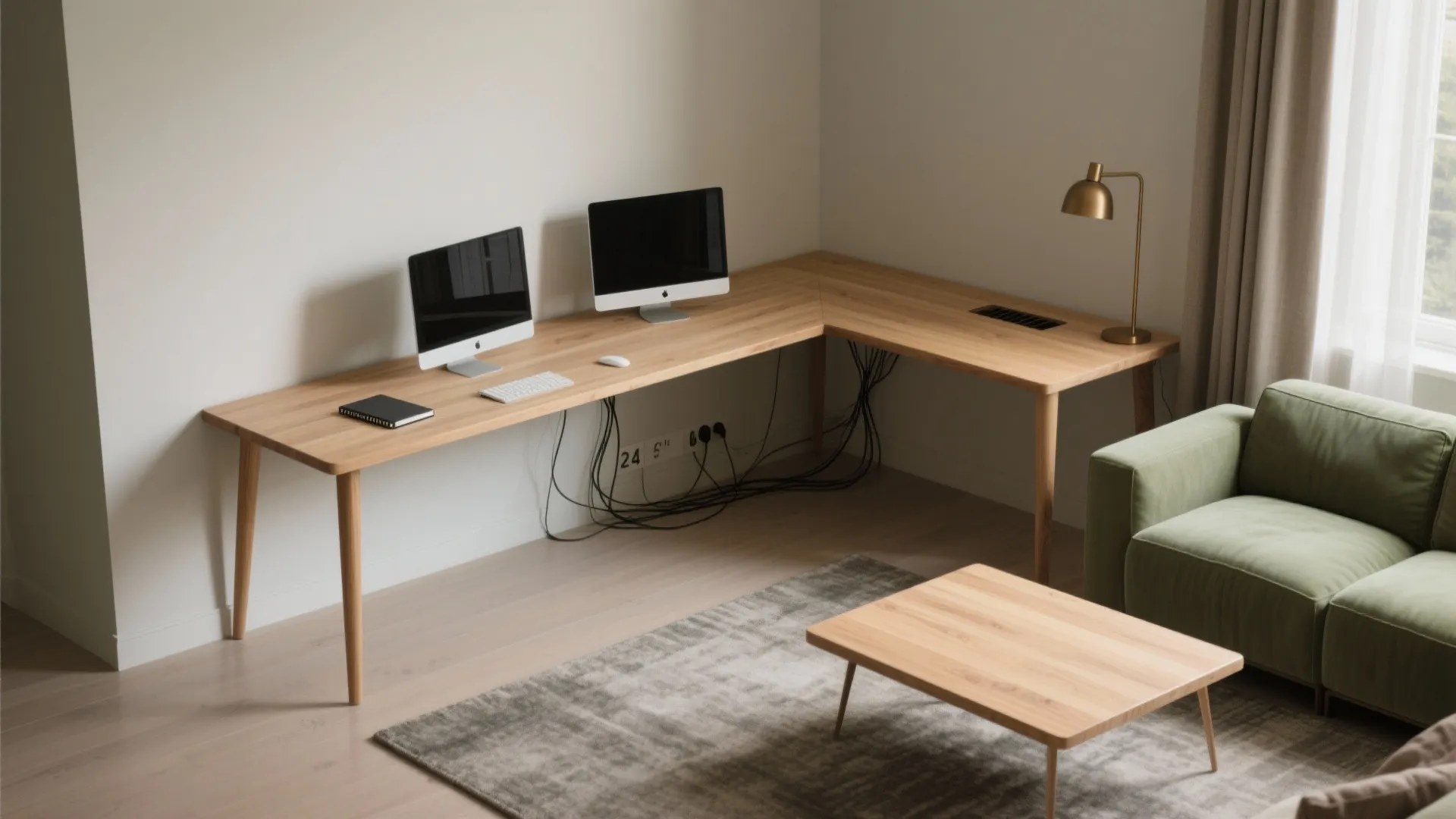 Minimalist living room corner with large wooden corner desk two computer monitors and green fabric sofa