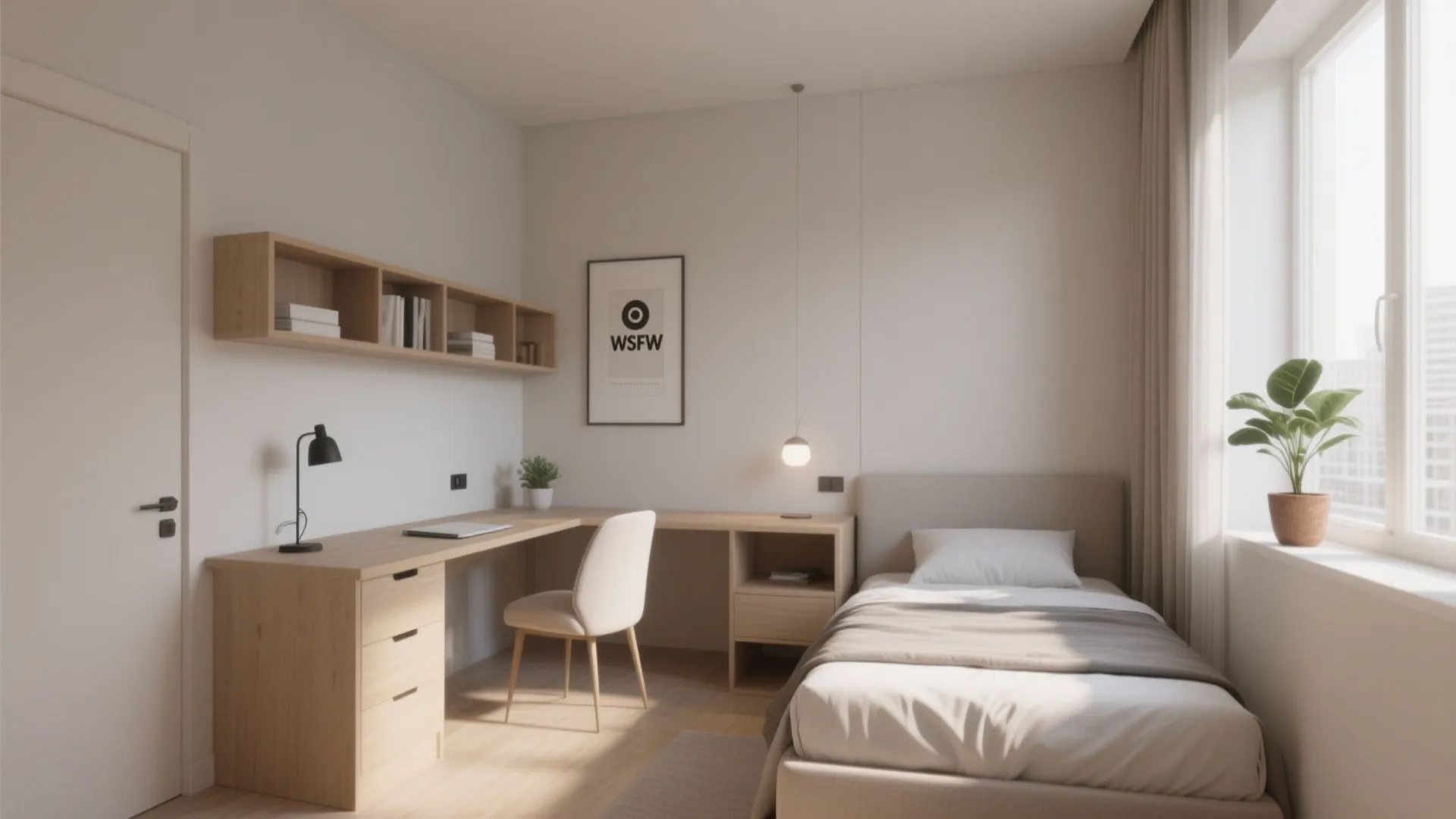 L-shaped desk in corner with guest bed in small room