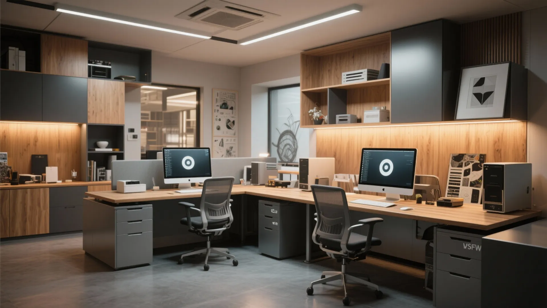 Large L-shaped office desk with two computers grey chairs wooden cabinets and bright ceiling lights