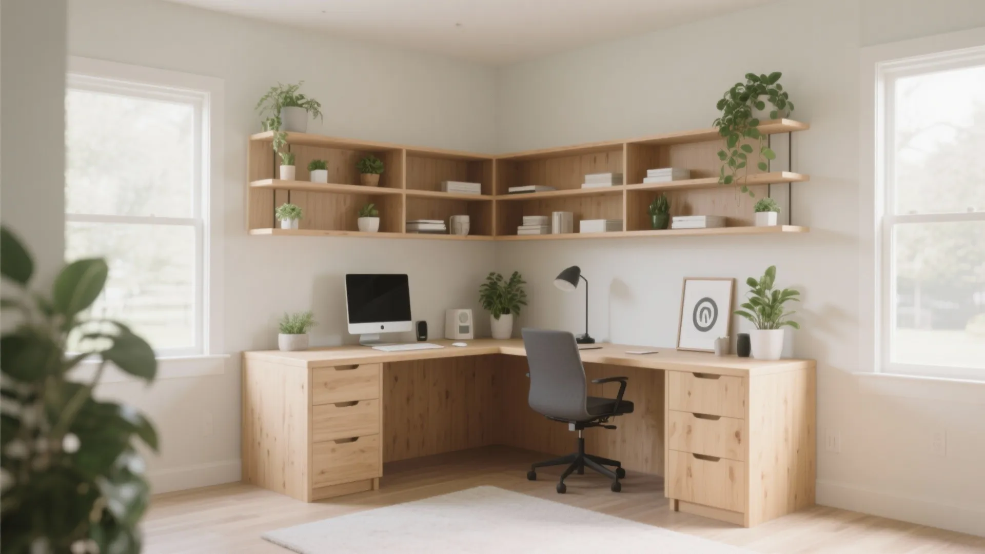 Compact L-shaped desk with shelves for small office
